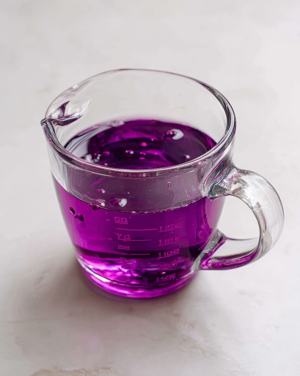 A clear glass measuring cup filled with bright purple liquid sits on a white marbled surface. Small dark pieces float on the surface of the liquid, which is smooth and slightly shiny. The cup handle is on the right side, and the measuring lines on the glass are faintly visible. The light softly reflects off the liquid and glass, creating a clean, fresh look. photo taken with an iphone --ar 4:5 --v 7