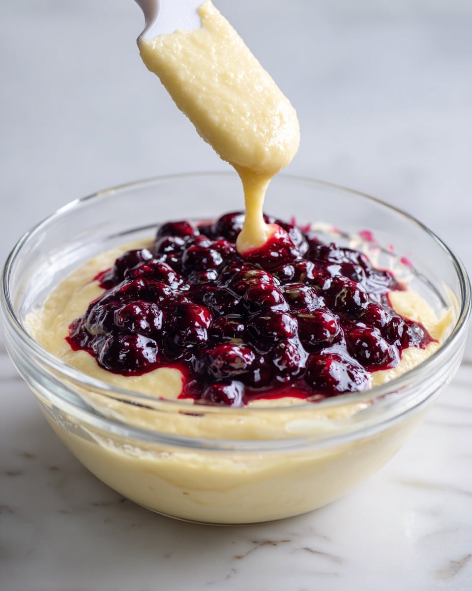 A clear glass bowl sits on a white marbled surface, containing a thick pale yellow batter. On top of the batter, there is a layer of dark purple berry mixture with visible whole berries and a glossy texture being poured from a white spatula into the bowl. The contrast between the smooth batter and shiny berry topping is clear. Photo taken with an iphone --ar 4:5 --v 7