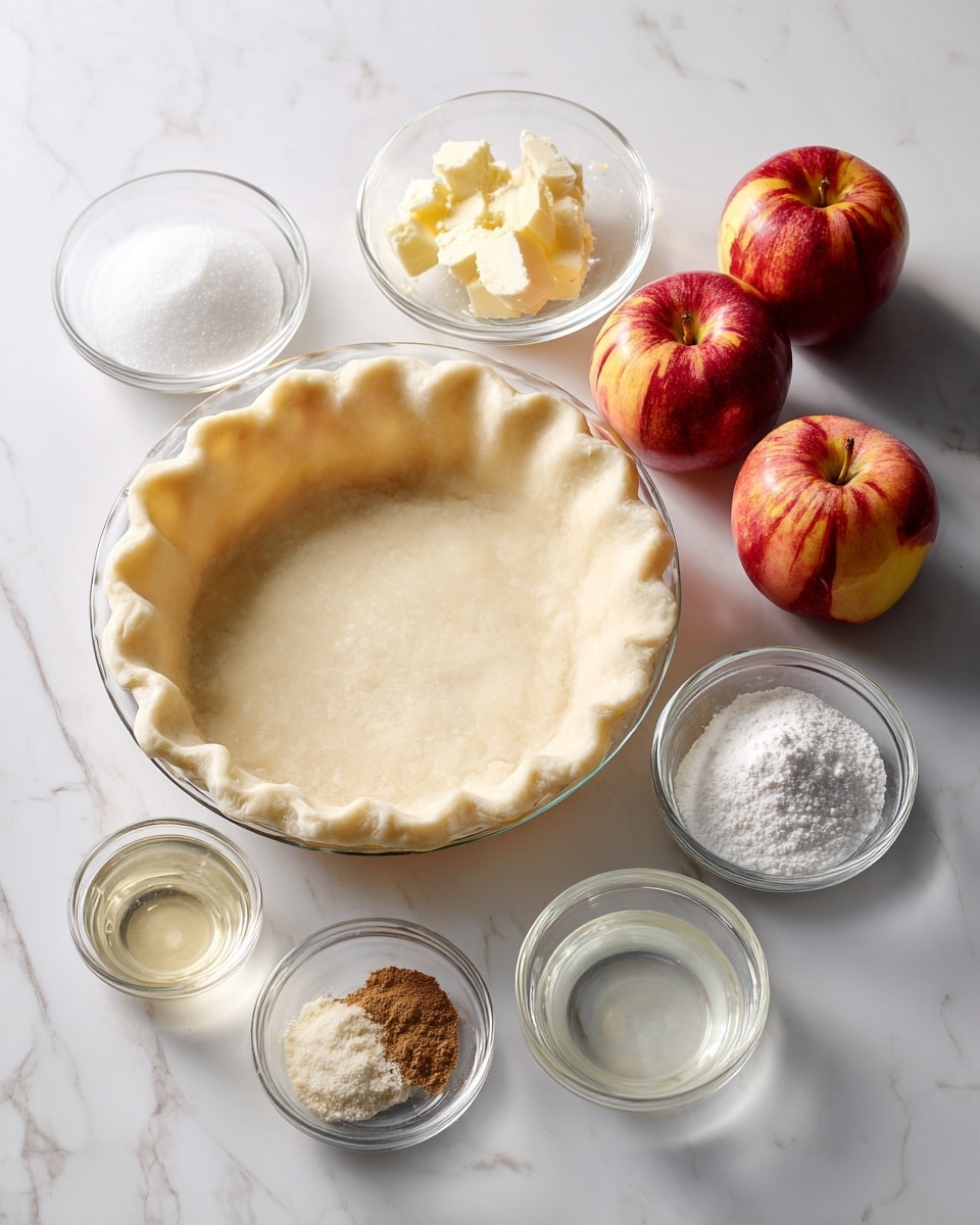 The image shows a clear glass round pie dish with an unbaked pie crust inside, placed on a white marbled surface. Next to the dish, there are three red apples with yellow streaks. Seven small clear glass bowls are arranged nearby, each holding different ingredients: one bowl has white granulated sugar, another has pale yellow butter, one contains light brown ground cinnamon, a smaller bowl with white powder (likely flour or cornstarch), and three small glasses hold a clear liquid, a slightly cloudy liquid, and a white liquid respectively. The scene is neat and brightly lit, highlighting the textures and colors of each ingredient photo taken with an iphone --ar 4:5 --v 7