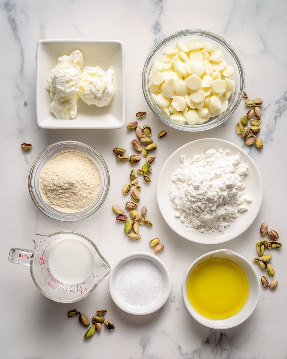 The image shows seven small bowls and a measuring cup placed on a white marbled surface with pistachio nuts scattered around. Starting top left, a small white square bowl holds a white creamy ingredient with two scoops. To the right, a clear glass bowl is filled with off-white round chips. In the middle left, another clear glass bowl contains a beige powder. Next to it on the right, a small white plate holds a mound of white powder. Below, a white measuring cup filled with a white liquid displays