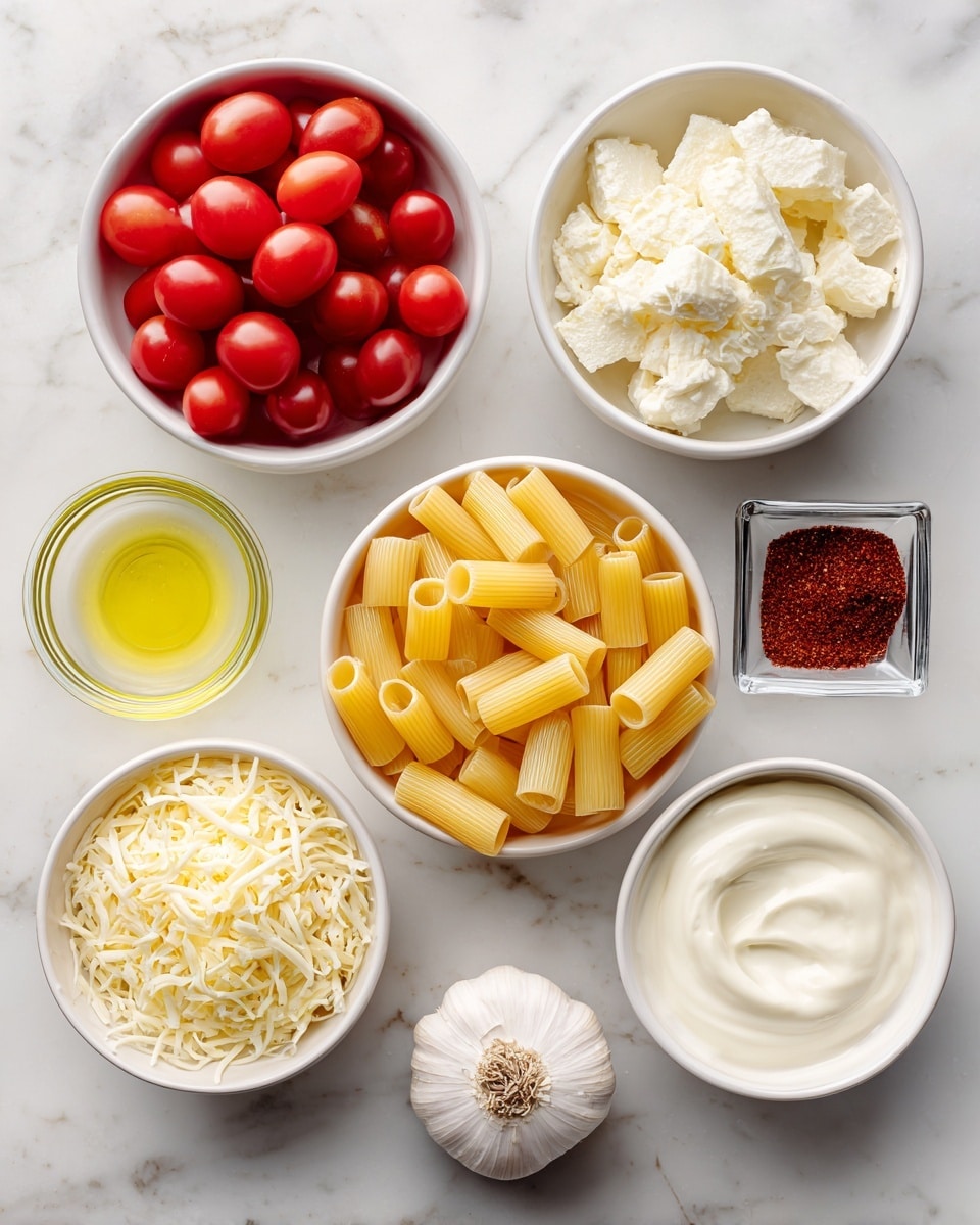 The image shows seven white bowls and glasses on a white marbled surface, each holding different ingredients. One bowl contains small, round red cherry tomatoes with a smooth texture, another has pale yellow shredded cheese with a fine texture, and a third bowl is filled with soft, crumbly white cheese. There is a glass filled with uncooked rigatoni pasta, yellow and tube-shaped, next to a small glass of light yellow oil. A square glass dish holds reddish-brown powdered spices with a fine texture, and a small round bowl contains creamy white sour cream. A whole garlic bulb with a white papery skin sits near the bowls, all arranged neatly in a scattered cluster. Photo taken with an iphone --ar 4:5 --v 7