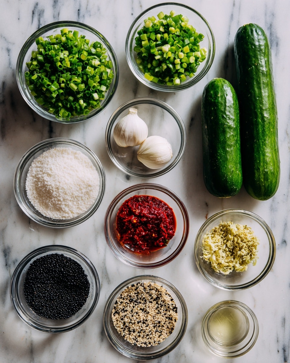 The image shows a white marbled surface with nine small clear glass bowls arranged in two rows. The top row has four bowls with green chopped onions, three whole green cucumbers, minced garlic, and white sugar. The bottom row has five bowls filled with black pepper, sesame seeds, red chili paste, a light clear liquid, and white salt. The ingredients create a mix of green, white, black, yellow, and red colors in neat oval and round shapes. photo taken with an iphone --ar 4:5 --v 7