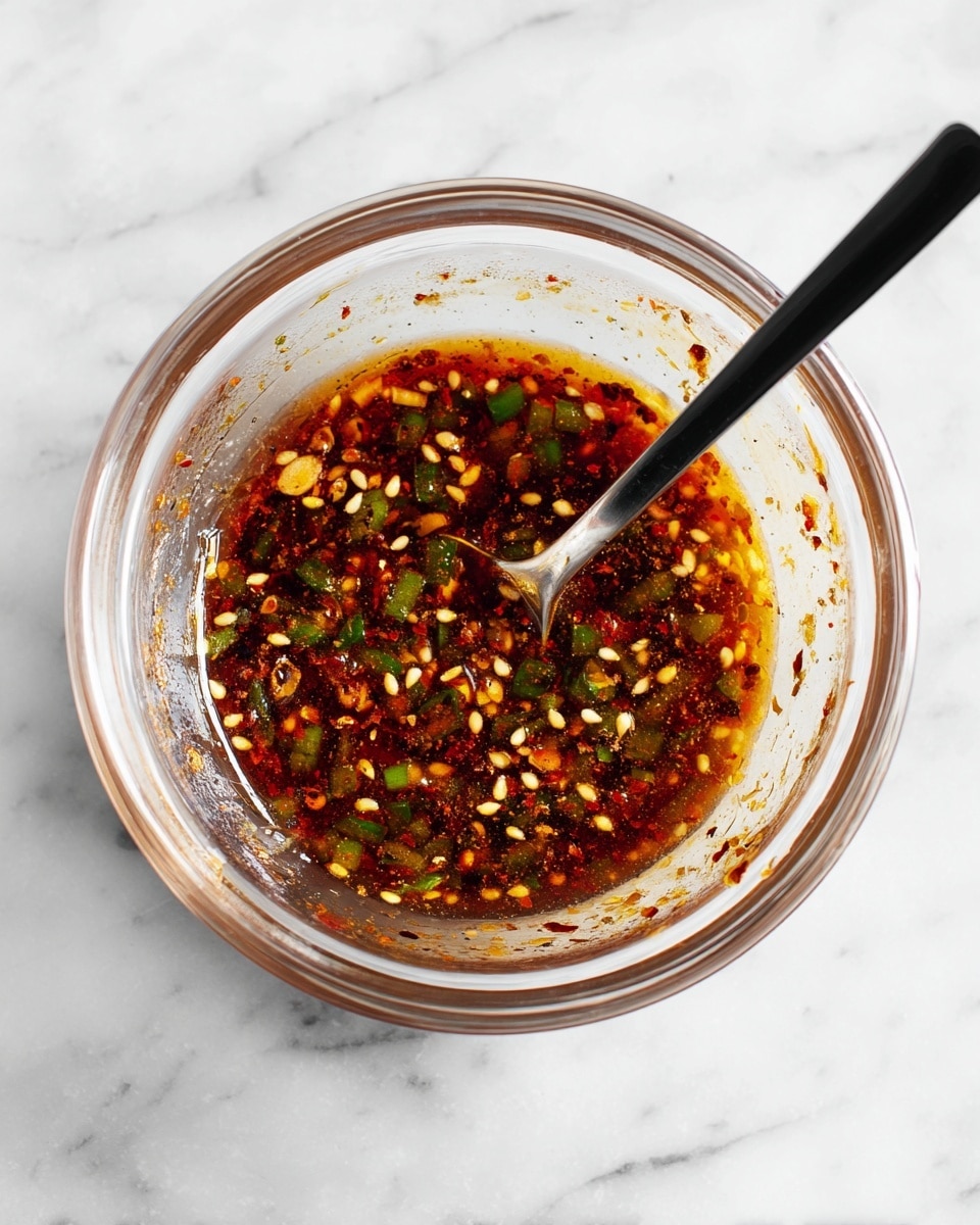 A clear glass bowl sits on a white marbled surface, filled halfway with a dark reddish-brown sauce that has a glossy, slightly oily texture. Floating within the sauce are many small yellowish sesame seeds and chopped green onions evenly spread throughout. A black metal spoon rests inside the bowl, with its handle extending out to the right. The sauce looks thick with visible spices, and the bowl’s sides show some sauce splatters. photo taken with an iphone --ar 4:5 --v 7