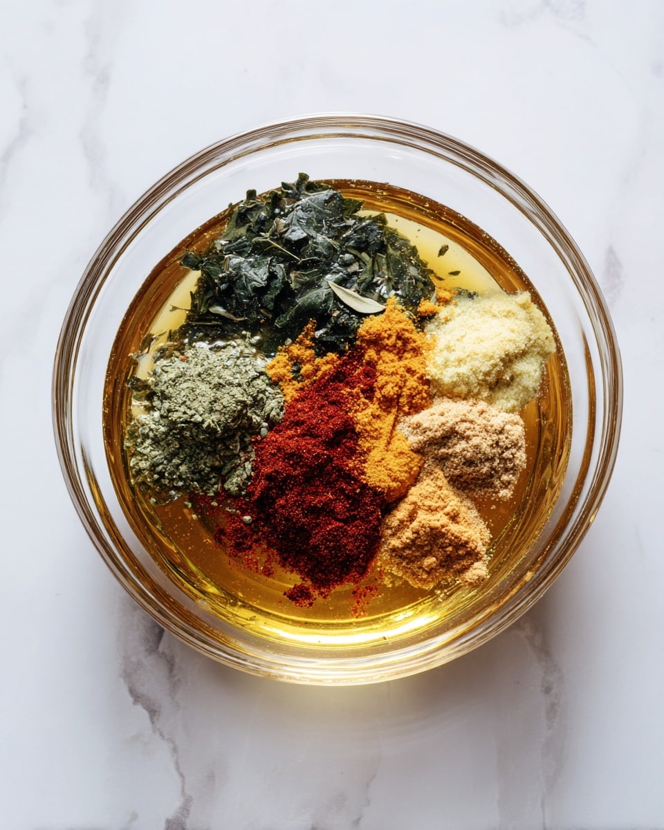 A transparent glass bowl sits on a white marbled surface, filled with a golden liquid base that occupies the entire bottom layer. On top, there are five distinct spice layers spread separately: a deep red powder in the lower left, a dark green leafy herb above it, a lighter green herb next to that, a pale yellow powder to the lower right, and a light brown powder occupying the middle right. The spices are not mixed, creating a colorful, patterned top layer over the golden liquid. photo taken with an iphone --ar 4:5 --v 7