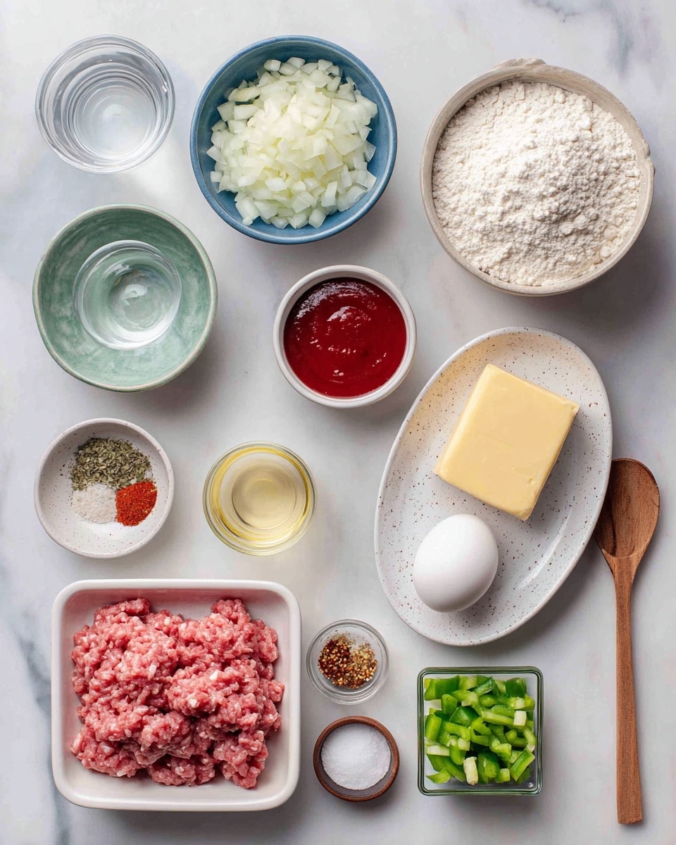 The image shows an arrangement of cooking ingredients on a white marbled surface. Starting from the top right, there is a white bowl filled with white flour. To the left of that, a blue bowl contains chopped white onions. Near the center is a small clear glass with water, and below that, a small clear glass with a light yellow liquid. At the bottom center, a speckled oval dish holds a single white egg. At the bottom left, a white rectangular dish is filled with raw ground meat in pink and white shades. Next to it, a small white bowl contains red sauce. Near the top left, a small clear glass holds a mix of dry herbs, and below it, another small clear glass has red spices. Next to these spices is a wooden spoon with white salt. Near the right edge, there is a small white bowl filled with chopped green bell peppers. A small square clear dish near the center holds a block of pale yellow butter. The image includes a woman’s hand reaching from the bottom left corner. photo taken with an iphone --ar 4:5 --v 7