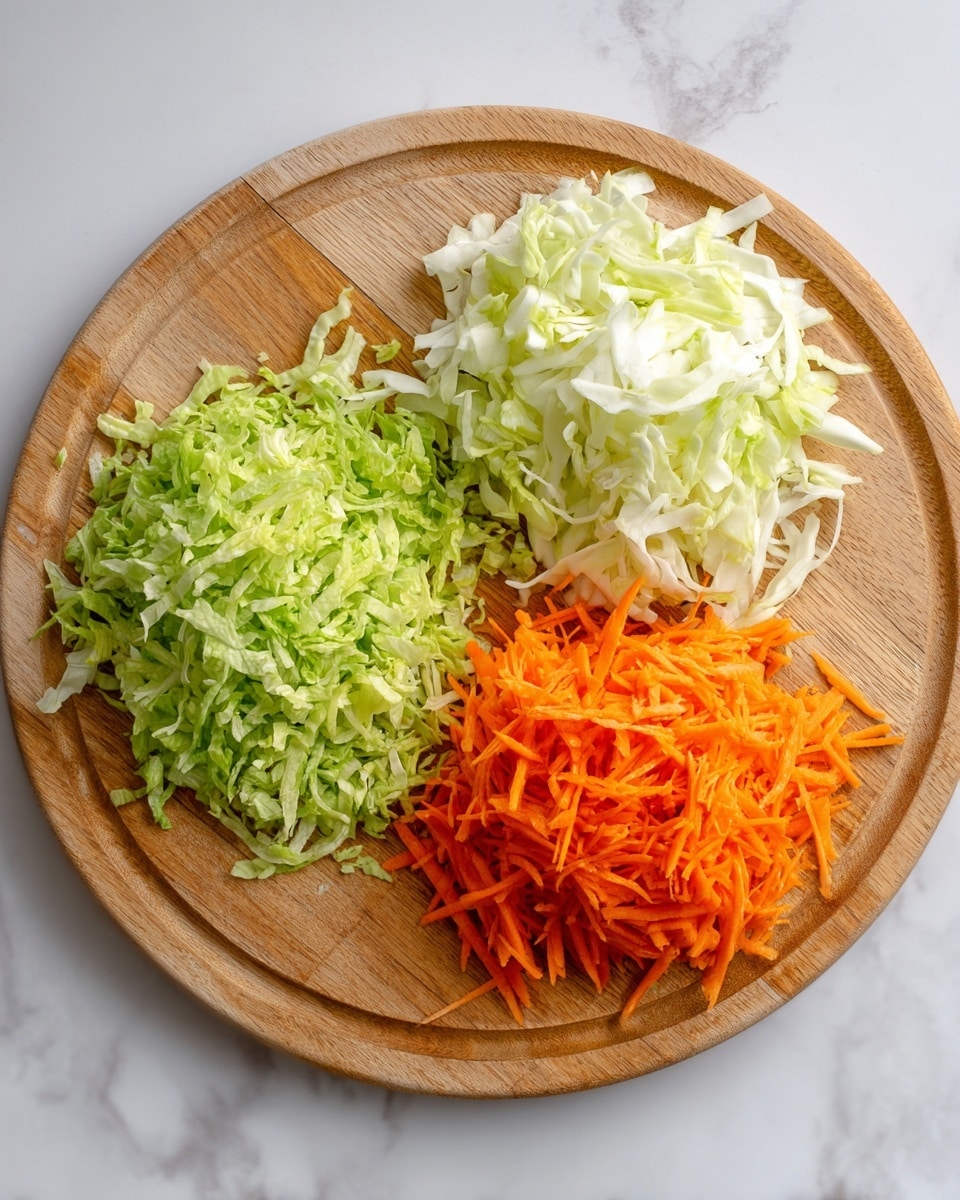 The image shows a round wooden cutting board placed on a white marbled surface, holding three neat piles of shredded vegetables. At the top left is a small heap of shredded green lettuce with a soft texture. To the right of the lettuce is a slightly bigger pile of thinly shredded white cabbage, with a crisp appearance. Below these two, at the bottom center of the board, is a mound of shredded bright orange carrot strands, vibrant and fresh-looking. The colors contrast well against the wood and the white marbled background. photo taken with an iphone --ar 4:5 --v 7