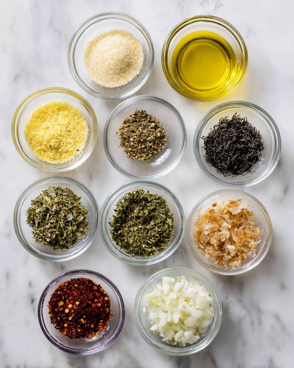 The image shows eleven small clear glass bowls arranged in a loose triangle on a white marbled surface. Each bowl contains a different ingredient: a pale yellow ground spice in the top left bowl, coarse white salt in the top middle, light yellow olive oil in the top right, dark brown pepper below the yellow spice, green dried herbs to the right of the pepper, thin black dried leaves next to the green herbs, and light brown dried flakes to the right of the black leaves. The bottom row includes a bowl of dark red crushed flakes on the left, minced white garlic next to it, and two bowls with different shades of green dried herbs towards the bottom right. The bowls are evenly spaced and the lighting is bright and neutral, showing clear details of each ingredient. photo taken with an iphone --ar 4:5 --v 7