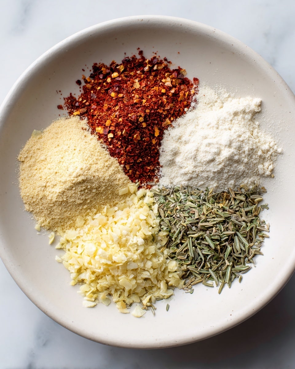 A white round bowl sits on a white marbled surface, filled with five different spices arranged separately in small piles. There is a pile of crushed red pepper flakes at the top left, pale yellow granulated garlic powder next to it, finely ground white powder on the right, dried green rosemary needles and herbs at the bottom center, and minced yellow garlic on the bottom left. The textures vary from fine powder to small flakes and shredded pieces, each spice clearly distinct and separated within the bowl. Photo taken with an iphone --ar 4:5 --v 7