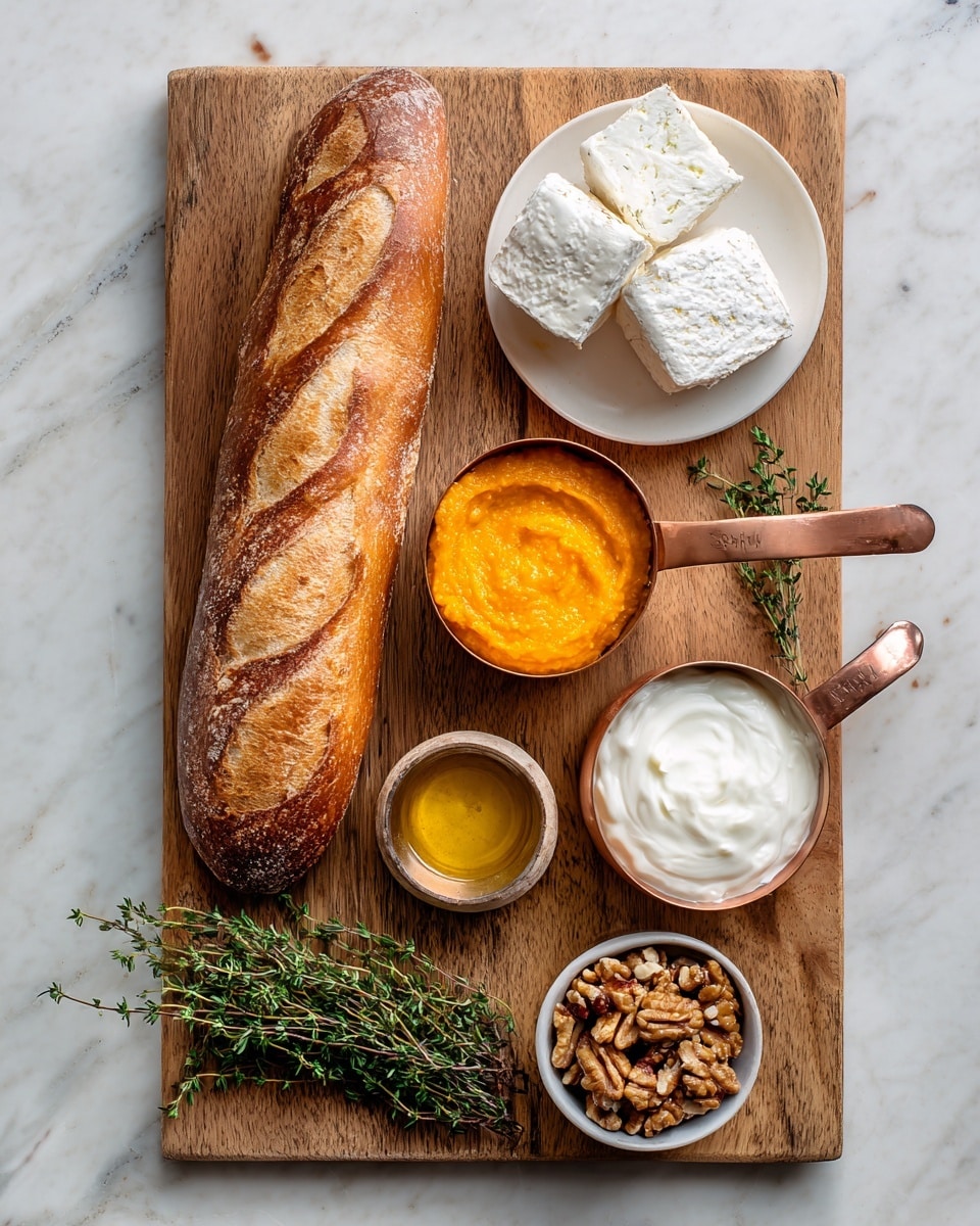A wooden board on a white marbled surface holds a long, crusty brown baguette on the top left. In the top right, there is a small white bowl with two large, rough-textured white cheese blocks. Below it, a copper measuring cup filled with smooth, bright orange puree is placed. In the center of the board, below the baguette, there is a tiny white bowl with a golden liquid. To the bottom left, fresh sprigs of green thyme lay flat. Next to the thyme, a copper measuring cup filled with thick, smooth white cream sits. On the bottom right, a small white bowl contains mixed walnut pieces. Photo taken with an iphone --ar 4:5 --v 7