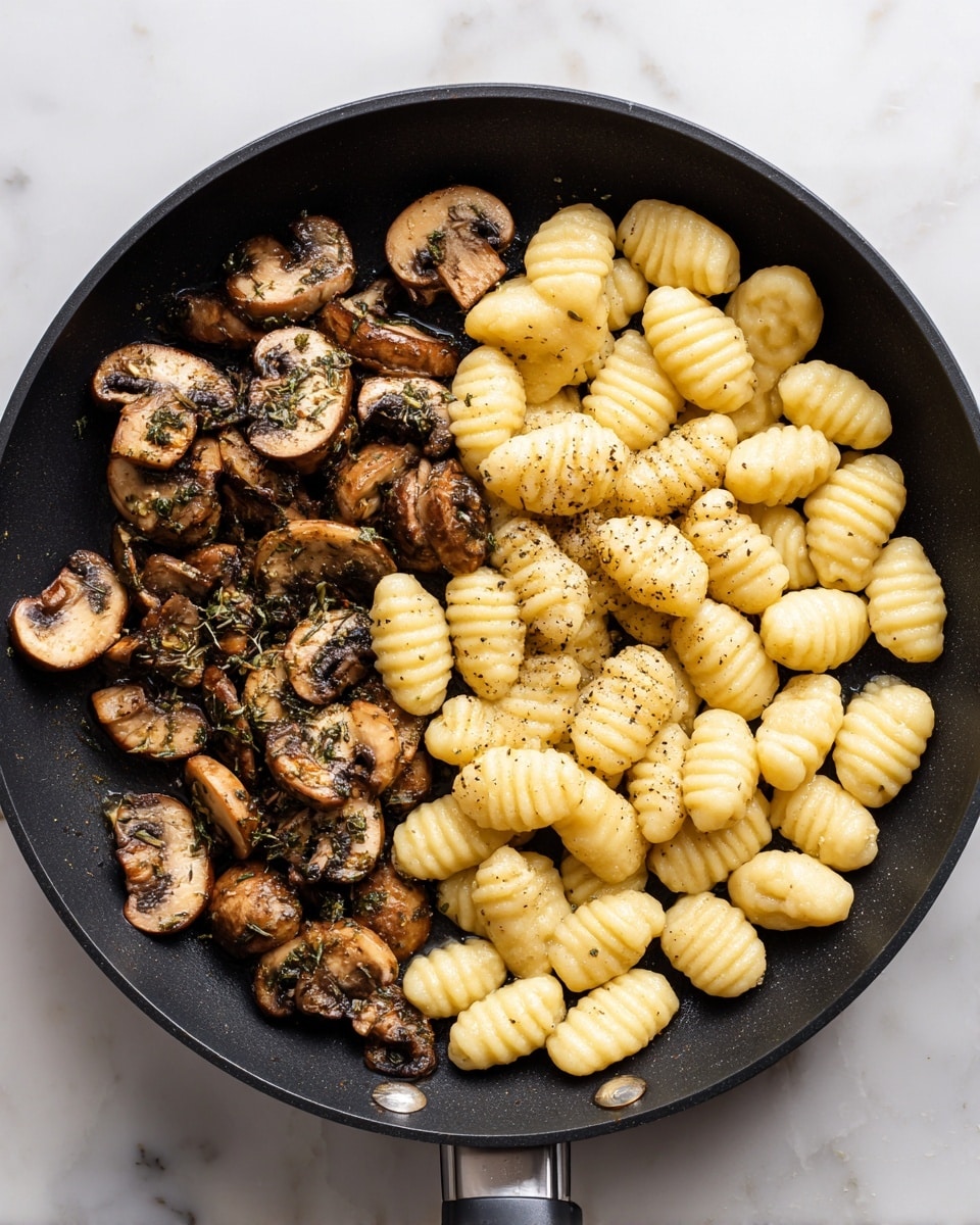 The image shows a black pan filled with a creamy dish made mostly of gnocchi, which are small, soft, yellow potato dumplings. They are mixed with a white creamy sauce that covers most of the pan. Scattered throughout are light brown, sliced mushrooms, and bright green spinach leaves adding color and texture. Small pieces of red bits, likely tomatoes or peppers, are spread on top, adding a pop of red color. A wooden spoon is lifting some of the dish, showing the cream sauce coating the gnocchi and vegetables. The pan sits on a white marbled surface, and a gray and white striped cloth is placed beside it. Photo taken with an iphone --ar 4:5 --v 7