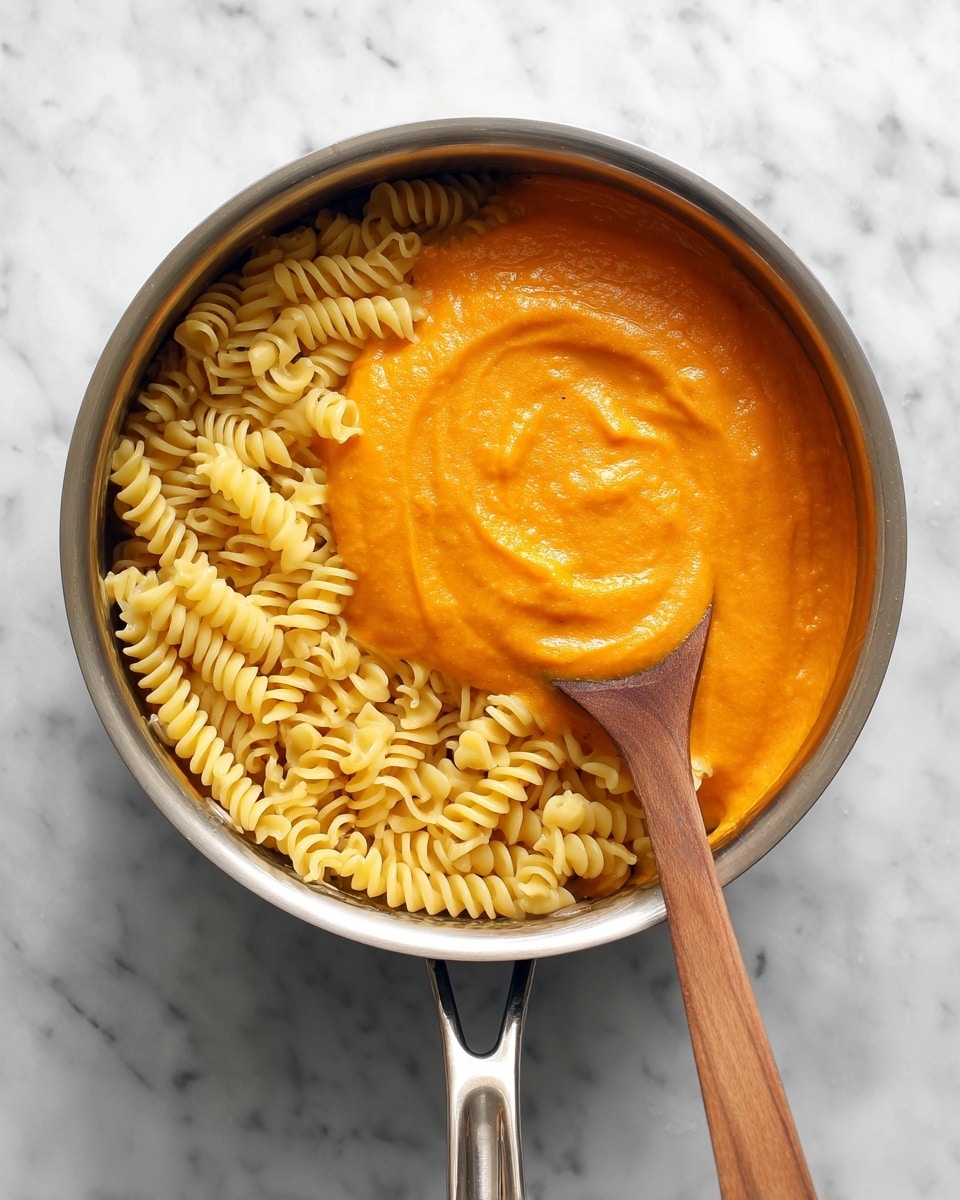 The dish shows a round bowl filled with bright orange pasta shaped like small, ridged spirals, each piece looking soft and covered in a creamy sauce. The top layer is sprinkled with fine, white cheese shreds evenly spread across the pasta. A silver spoon rests inside the bowl on the right side, sitting partially under the pasta. The bowl lies on a white marbled surface, with a beige cloth casually placed nearby. Above the bowl, a wooden board holds a block of pale yellow cheese and a small brown bowl filled with pinkish salt photo taken with an iphone --ar 4:5 --v 7