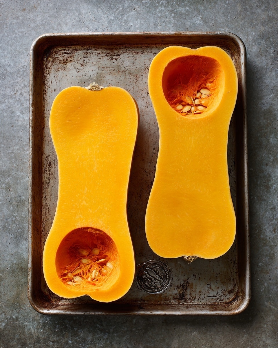 Two halves of bright orange butternut squash lie hollowed out on a metal baking tray. The squash pieces have smooth, shiny surfaces with some soft, slightly rough inner areas where the seeds were removed. Each half is shaped like an elongated bell, with a wide rounded top narrowing down to a smaller bottom. The metal tray shows some wear with dark smudges and a logo stamp in the middle. The scene is simple and focused on the squash and tray. photo taken with an iphone --ar 4:5 --v 7