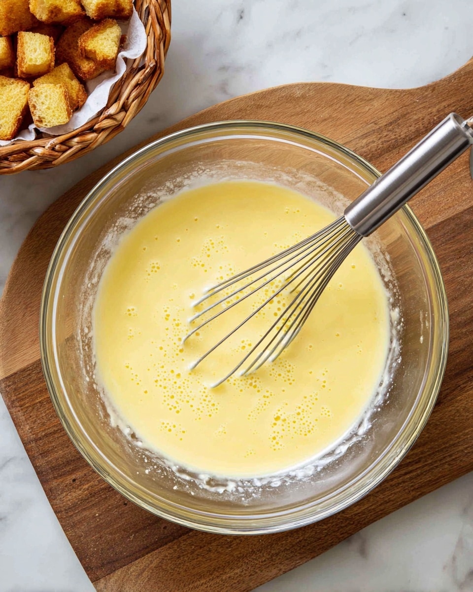 A clear glass bowl filled with a light yellow, smooth, and slightly foamy batter sits centered on a wooden surface. A shiny metal whisk with several thin wires rests inside the bowl, partially submerged in the batter, showing tiny bubbles on the surface. The batter clings softly to the sides of the bowl, creating a ring of residue around the edge. In the upper left corner, there is a glimpse of a basket holding golden brown, cubed toasted bread. The whole scene is set against a white marbled texture background. Photo taken with an iphone --ar 4:5 --v 7
