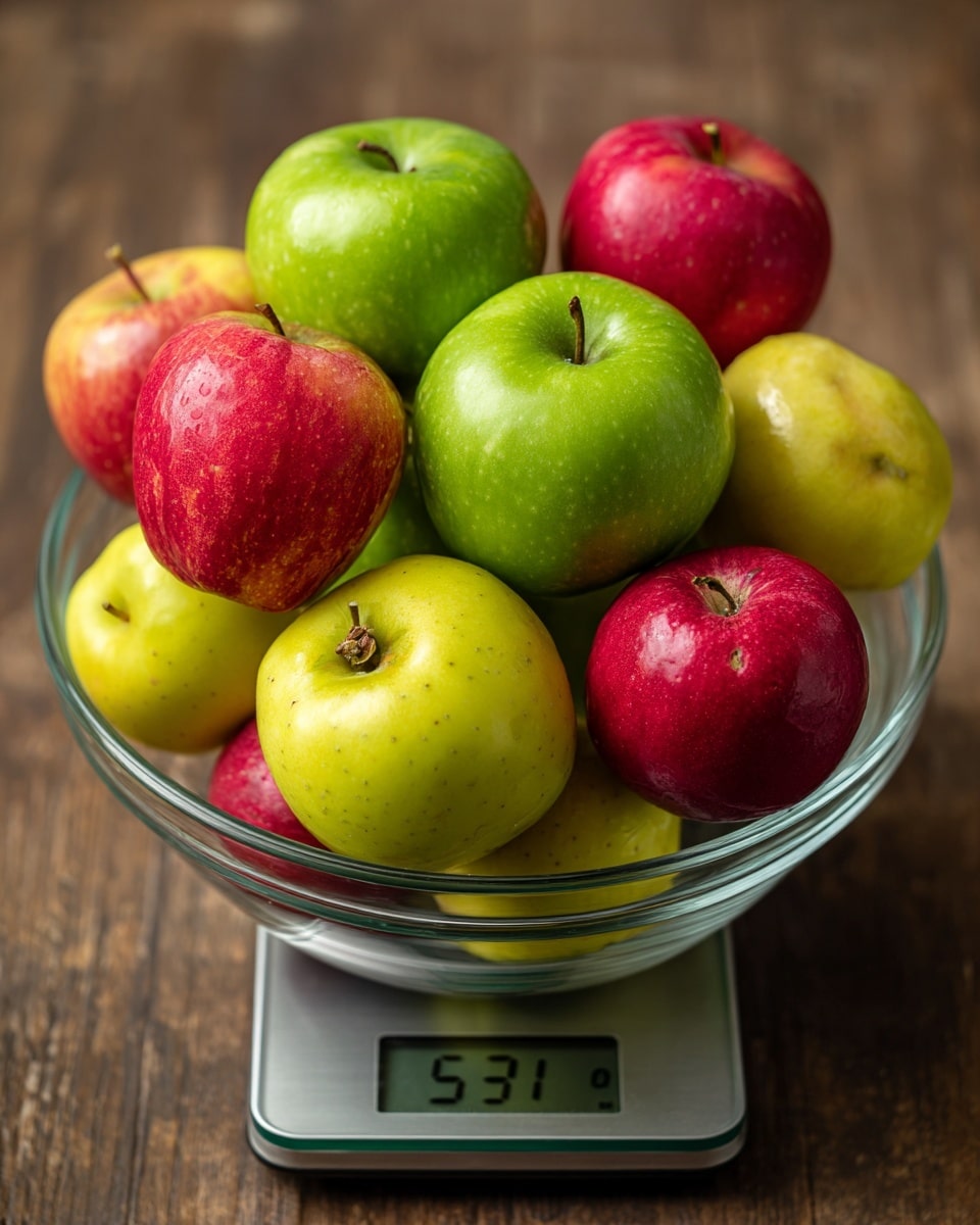 A clear glass bowl filled with two layers of colorful apples sits centered on a digital scale showing 5.31. The bottom layer has green and yellow apples with smooth skin, and the top layer has a mix of shiny red and green apples. The bowl is on a wood surface. The apples look fresh with different shapes and small natural marks on their skin. photo taken with an iphone --ar 4:5 --v 7