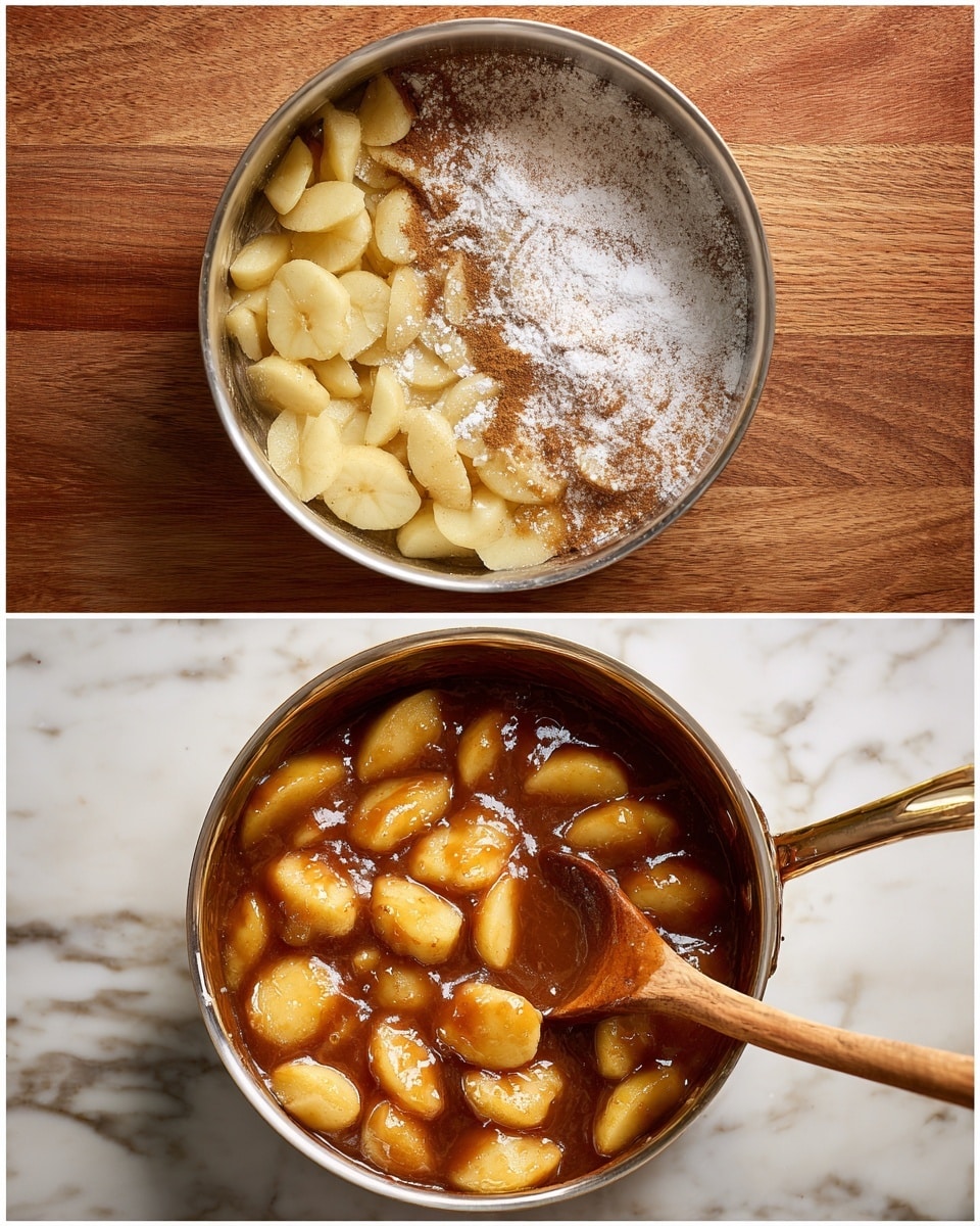 The top image shows a metal pot filled with many light tan apple slices mixed with a light dusting of white powder and brown cinnamon on top, placed on a wooden surface. The bottom image shows the same metal pot now containing apple slices that are cooked and soft, coated in a thick, glossy caramel brown sauce with a wooden spoon resting inside the pot on the left side, placed on a white marbled surface. photo taken with an iphone --ar 4:5 --v 7
