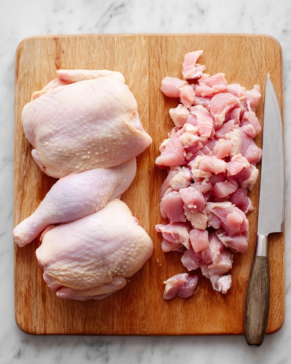 The image shows two parts: the left side has two whole raw chicken pieces with smooth light pink skin lying flat on a wooden cutting board. On the right side, the chicken pieces are cut into small, uneven light pink cubes, spread loosely on the same wooden board. A large silver knife is placed at the left edge of both images. The background is a white marbled texture. photo taken with an iphone --ar 4:5 --v 7