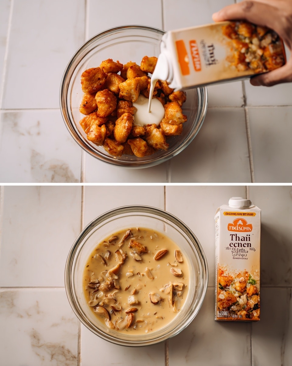 The first image shows a white marbled surface with a clear glass bowl filled with orange-brown chicken pieces. A woman's hand is pouring white coconut milk from a carton labeled