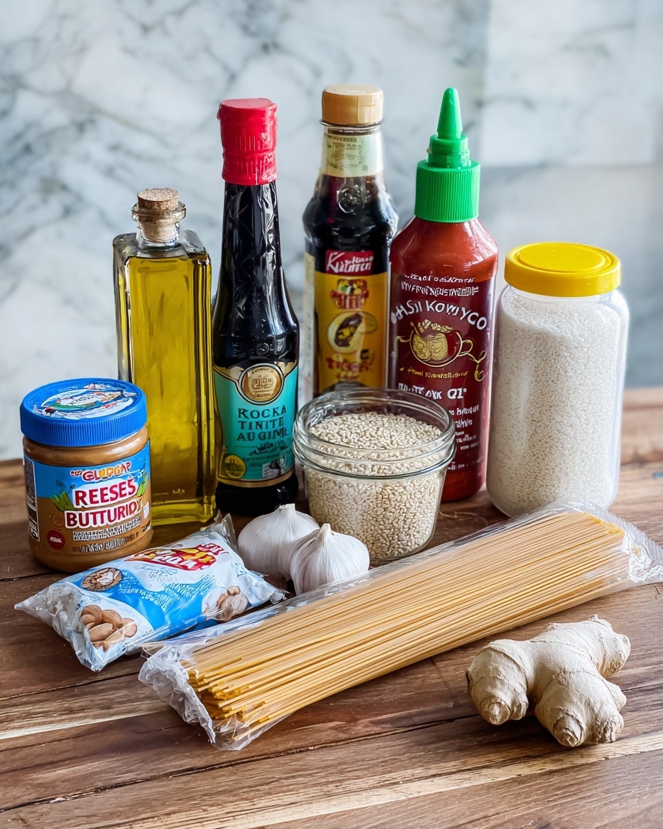 The image shows a variety of cooking ingredients placed on a wooden surface with a white marbled texture background. At the front, there's a clear plastic package of thin spaghetti with a blue and red label. To the left, a jar of Reese's crunchy peanut butter lays on its side with a blue lid. Near the center, two whole garlic bulbs and a piece of fresh ginger root sit next to the peanut butter jar. Behind them are four bottles: from left to right, a glass bottle of pure sesame oil with a red cap, a taller green-capped bottle of rice vinegar, a glass bottle of Kikkoman soy sauce with a red cap, and a large plastic bottle of Sriracha hot chili sauce with a green nozzle. To the far right, a white container with a white lid holds brown sugar, and next to it is a yellow container of roasted white sesame seeds. photo taken with an iphone --ar 4:5 --v 7