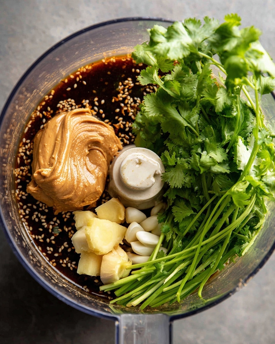Inside a clear food processor bowl, several ingredients rest against a background of dark brown soy sauce with sesame seeds floating in it. On the left side, a thick dollop of light brown peanut butter adds smooth texture. Near it, small chunks of fresh ginger in pale yellow with slightly rough texture sit next to a few white garlic cloves. On the right side, a bunch of fresh green cilantro leaves with stems is positioned upright, creating a fresh and leafy layer. The mixture looks ready to be blended into a sauce or paste. Photo taken with an iphone --ar 4:5 --v 7