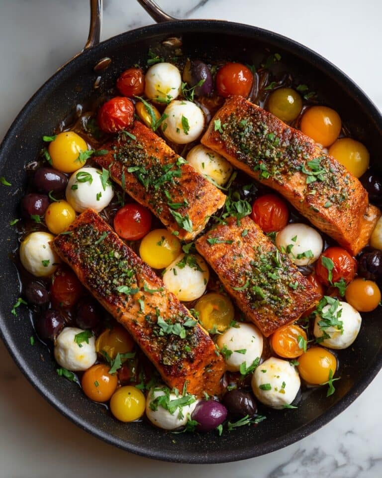 Pan-Seared Salmon with Cherry Tomatoes, Olives, and Mozzarella Recipe