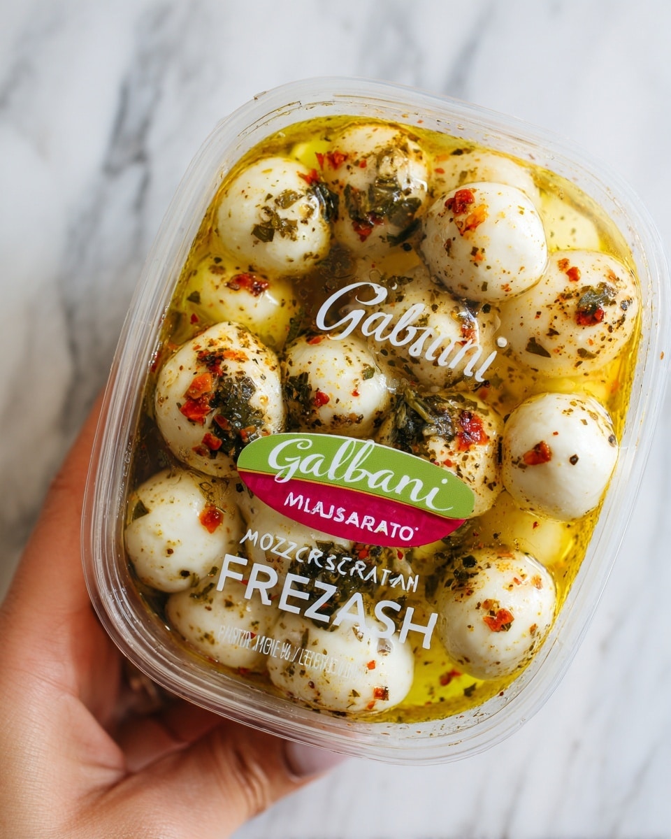 The image shows a clear plastic container held by a woman's hand, filled with small white mozzarella balls covered in a yellowish olive oil with visible herbs and small red flakes floating on top. The container has a colorful label with green and red colors and shows the brand