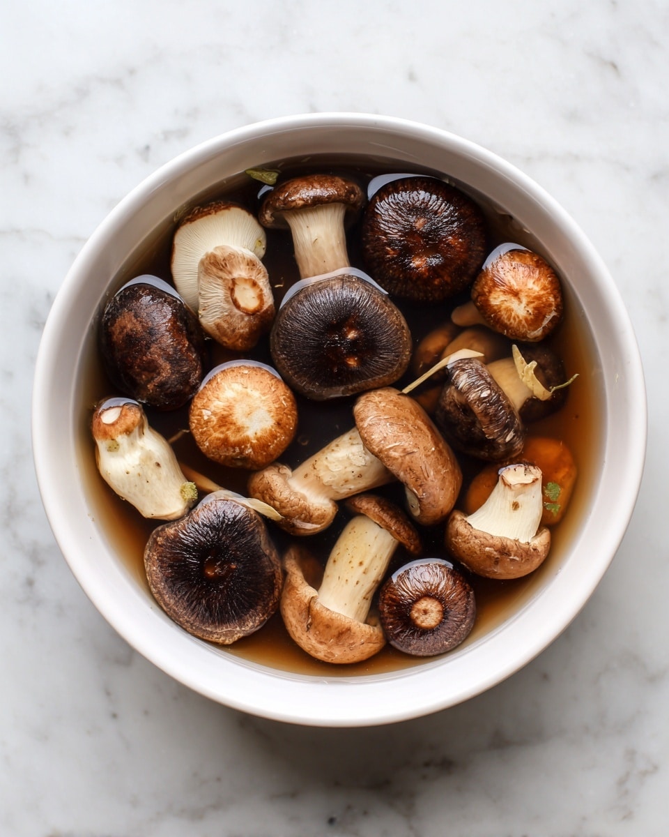 The photo shows a white bowl filled with dark brown and light tan shiitake mushrooms soaking in water. The mushrooms have different sizes with round caps and thick stems, some floating near the top while others are fully submerged below the water's surface. The bowl sits on a white marbled surface that contrasts with the rich colors of the mushrooms. Photo taken with an iphone --ar 4:5 --v 7