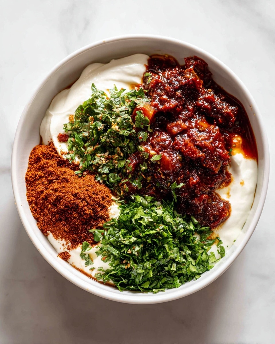 A white bowl filled with four distinct layers of ingredients: in the top right, a chunky dark red sauce with a thick texture; at the top left and center, a generous portion of smooth white cream; on the bottom left side, a pile of reddish-brown dry spice powder; and spread over the right bottom portion, finely chopped bright green herbs. The bowl is set on a white marbled surface, and the image is focused closely to highlight the textures and colors. photo taken with an iphone --ar 4:5 --v 7