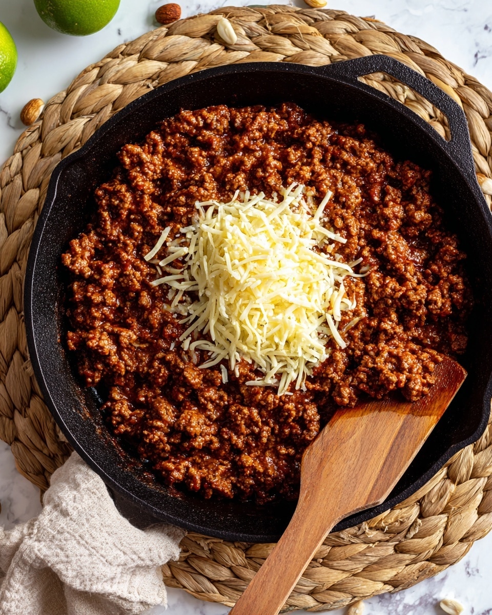 The image shows a close-up of a black cast iron skillet filled with cooked ground meat mixed with a rich brown sauce. On top of the meat, there is a small pile of light yellow shredded cheese scattered unevenly in the center. A wooden spatula with a smooth texture rests inside the skillet near the bottom right, partially under the meat. The skillet is placed on a woven natural mat, with a glimpse of green lime and some white nuts or seeds blurred in the background. The surface under the mat has been imagined as a white marbled texture. Photo taken with an iphone --ar 4:5 --v 7