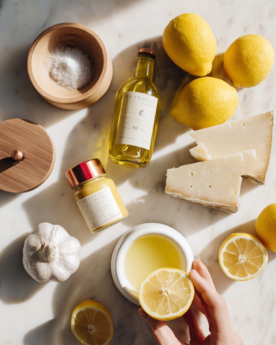 The top half of the image shows a white marbled surface with a group of ingredients arranged closely. There are three bright yellow lemons, a head of garlic with white and light brown textured skin, a wooden container with an open lid showing white salt inside, a wedge of pale yellow cheese with a labeled rind, a transparent bottle of yellow oil, a small bottle of Dijon mustard with a red label, a copper pepper grinder, and a white container with a grey lid. The bottom half shows a small white electric citrus juicer with a clear container filled halfway with light yellow lemon juice. A yellow lemon half is on top, being pressed down by a woman's hand. Around the juicer are two lemon halves, a whole lemon, and a blurred background with the ingredients from the top half. The whole scene is set on a white marbled surface with soft natural light. Photo taken with an iphone --ar 4:5 --v 7