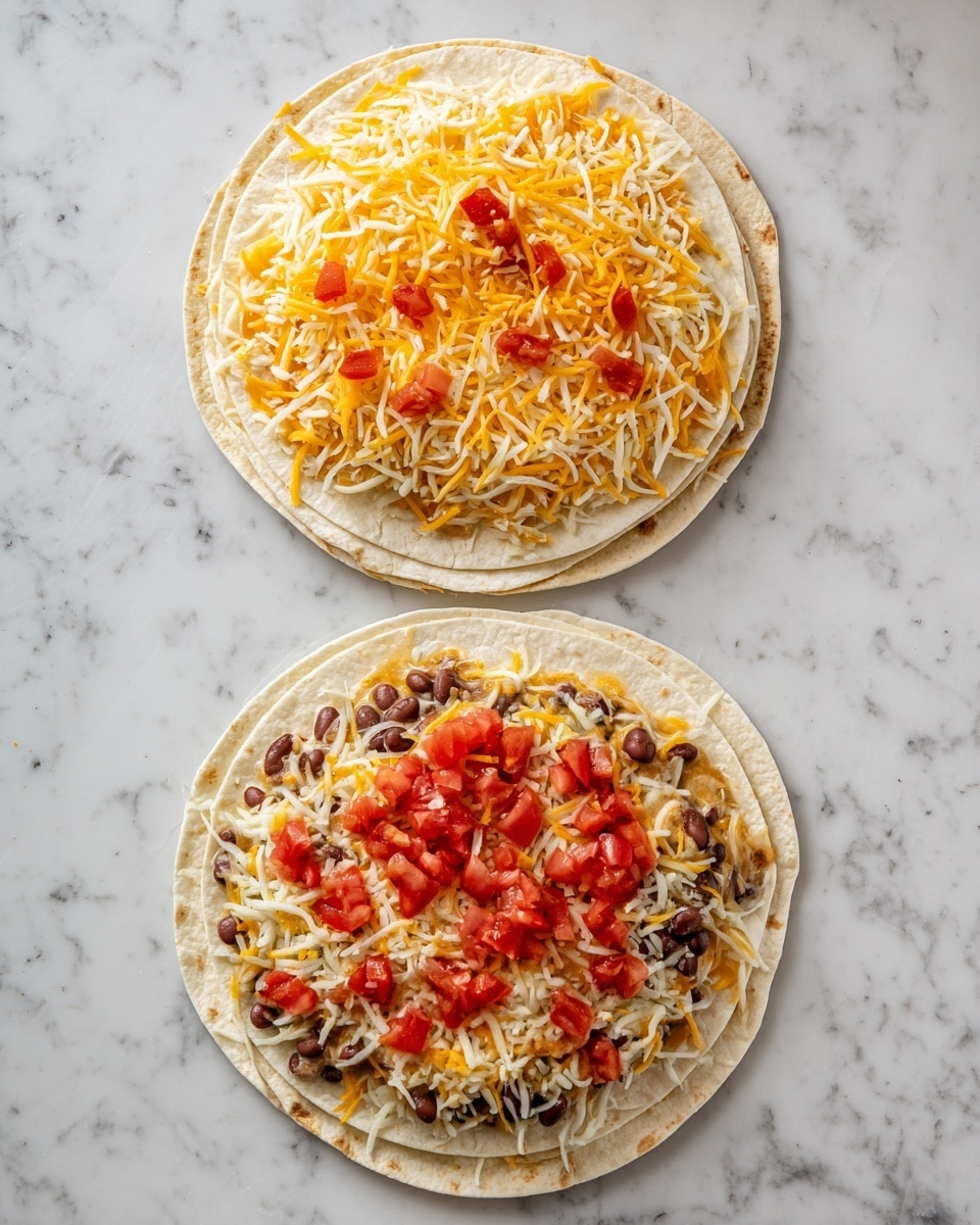 The image shows two stages of a layered tortilla dish on a white marbled surface. In the first stage, six overlapped light beige tortillas form the base, topped evenly with a layer of shredded orange-yellow cheese and scattered small bright red chopped tomatoes. In the second stage, the same six tortillas carry the same cheese and tomato layer, now sprinkled with a generous amount of small shiny brown beans spread evenly across the top. photo taken with an iphone --ar 4:5 --v 7