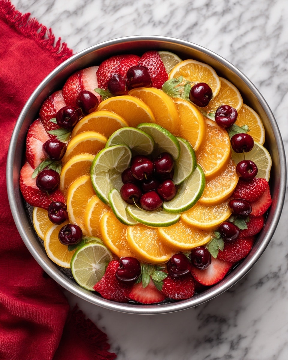 A round silver bundt pan filled with a colorful ring of fruit slices arranged in layers, starting with a base of orange slices, followed by lemon slices overlapping the oranges, then alternating lime slices and halved strawberries with green leaves, and whole dark red cherries placed sporadically on top. The pan sits on a white marbled surface with a red cloth visible at the bottom left corner. The fruits are fresh, bright, and shiny, creating a vibrant and inviting pattern inside the pan photo taken with an iphone --ar 4:5 --v 7