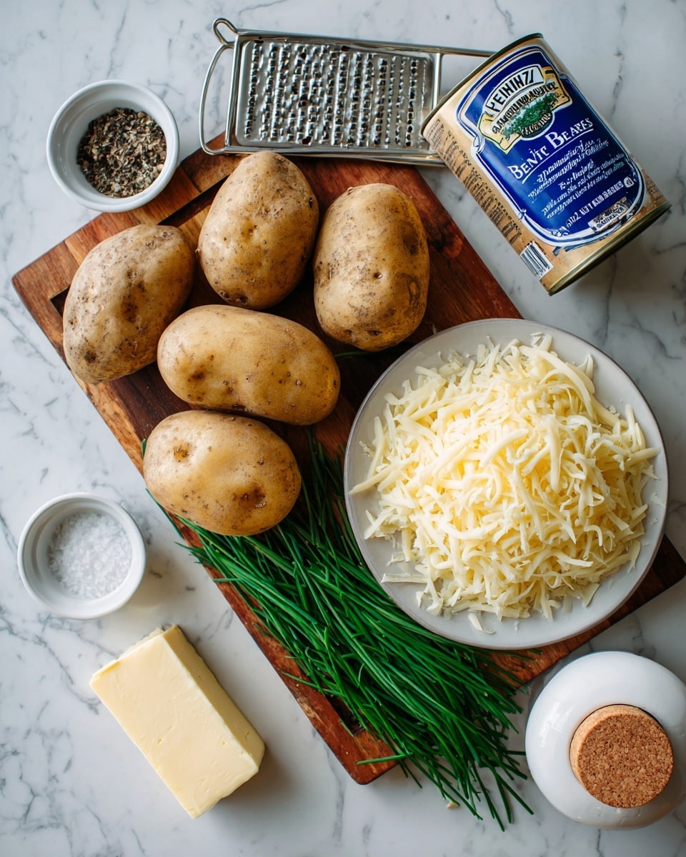 The image shows four large brown potatoes arranged on a wooden cutting board with some fresh green chives placed on top. Next to the board, there is a white plate with shredded pale yellow cheese and a metal grater partly on top of the cheese. To the left, there are two white small bowls, one filled with black pepper and the other with white salt. A stick of pale yellow butter is placed below the cutting board, and a can of Heinz baked beans with a blue label sits on the white marbled surface in the upper right corner. On the lower right, there is a white ceramic container with a cork lid. The overall setup is on a white marbled textured surface photo taken with an iphone --ar 4:5 --v 7