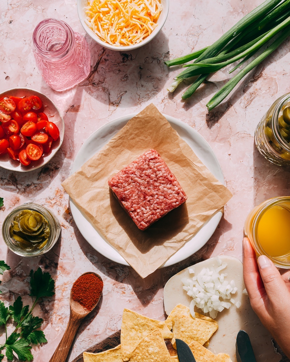 A white plate holds a square piece of raw ground meat on a piece of brown paper in the center. Around it, the scene shows layers of ingredients: a small white bowl with shredded yellow and white cheese at the top left, a small white bowl filled with sliced cherry red tomatoes below it, and a small glass jar of sliced green jalapeños to the left. A clear jar with a pink liquid and a wooden spoon with red seasoning powder lie near the bottom left. On the right side, there is a jar filled with yellow liquid beside a small wooden board with white chopped onions and a knife. Green parsley leaves are placed near the bottom center, and a bunch of green onions rests across the top. A few broken light yellow tortilla chips appear near the upper right on the white marbled surface. The background is pink textured, and a woman’s hand holds a packet of Mexican seasoning near the bottom center. photo taken with an iphone --ar 4:5 --v 7