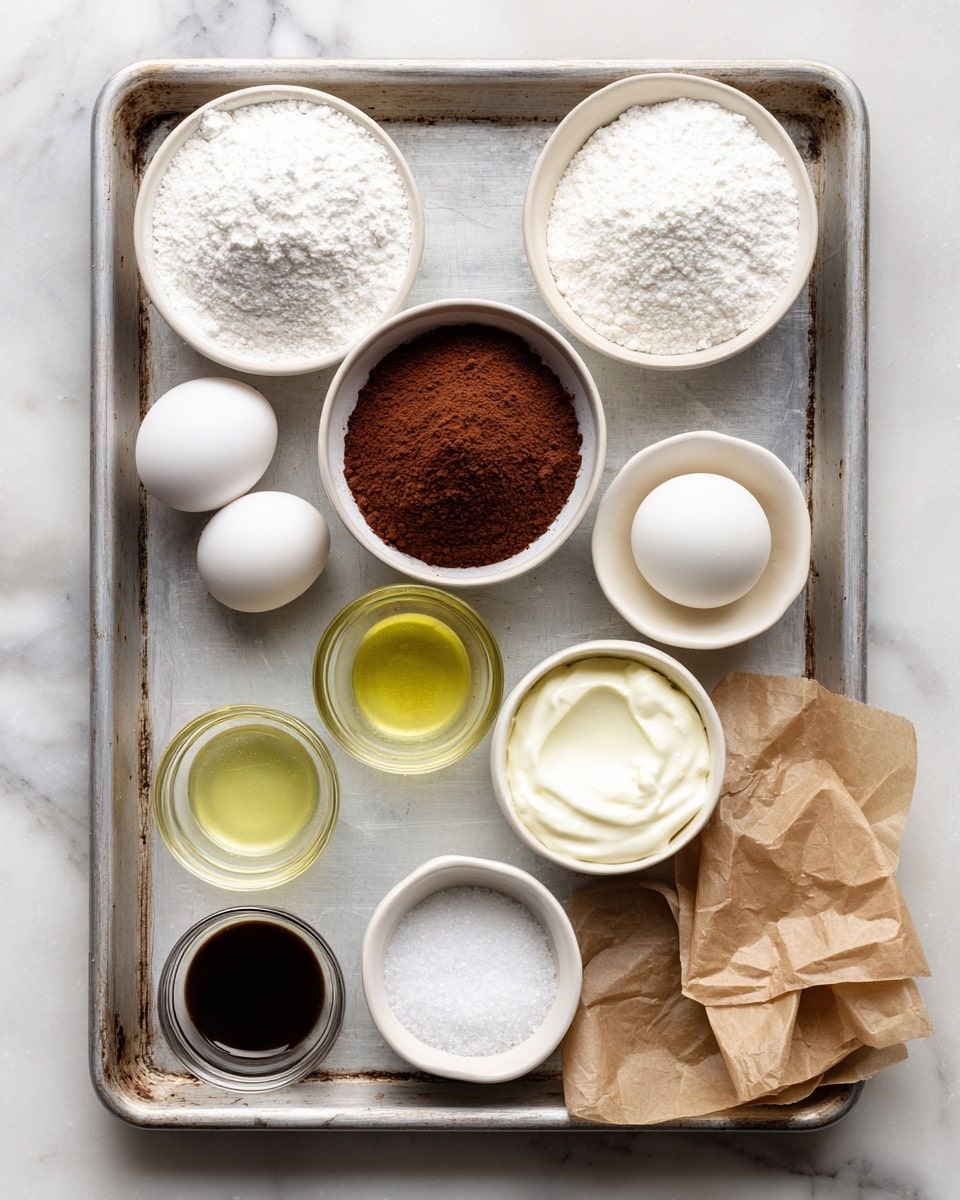 The image shows a metal baking tray on a white marbled surface holding eight small white bowls and one whole white egg. The bowls contain different baking ingredients: one bowl has white powdery flour, another is filled with white granulated sugar, a third holds brown cocoa powder, and a fourth has white yogurt with a creamy texture. Two small glass cups contain clear light yellow and clear liquids. Another small white bowl contains a dark brown liquid, likely vanilla extract, and the last bowl holds coarse white salt. At the bottom right of the tray, two pieces of crumpled light brown parchment paper are visible. The photo is taken with an iphone --ar 4:5 --v 7