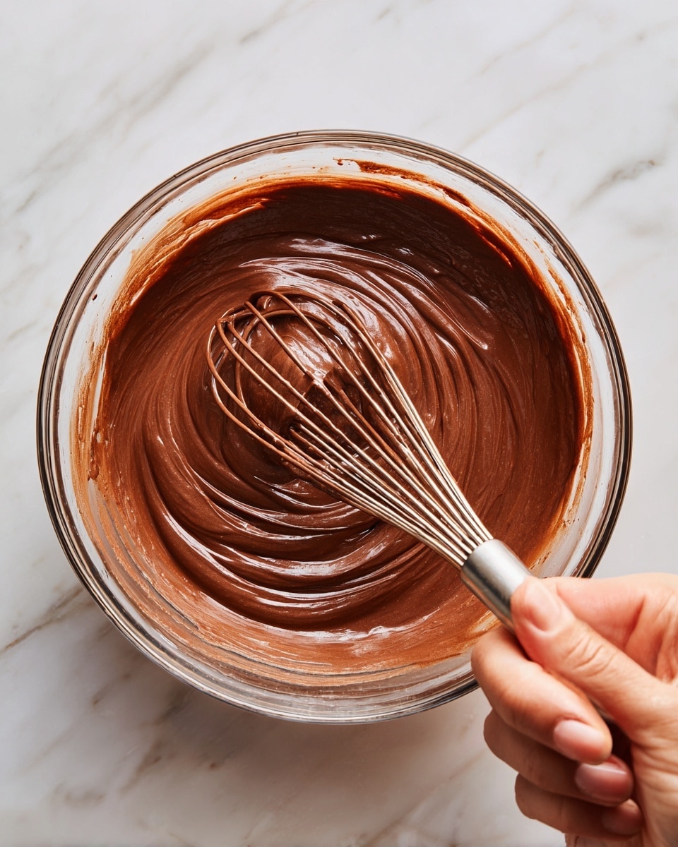 A close-up image shows a glass bowl with thick chocolate mixture inside. The chocolate is smooth and creamy with a rich brown color. A metal whisk is partially in the bowl, covered in the chocolate mixture with lines showing its creamy texture. A woman's fingers are holding the glass bowl at the edge. The bowl is on a surface with white marbled texture. Photo taken with an iphone --ar 4:5 --v 7