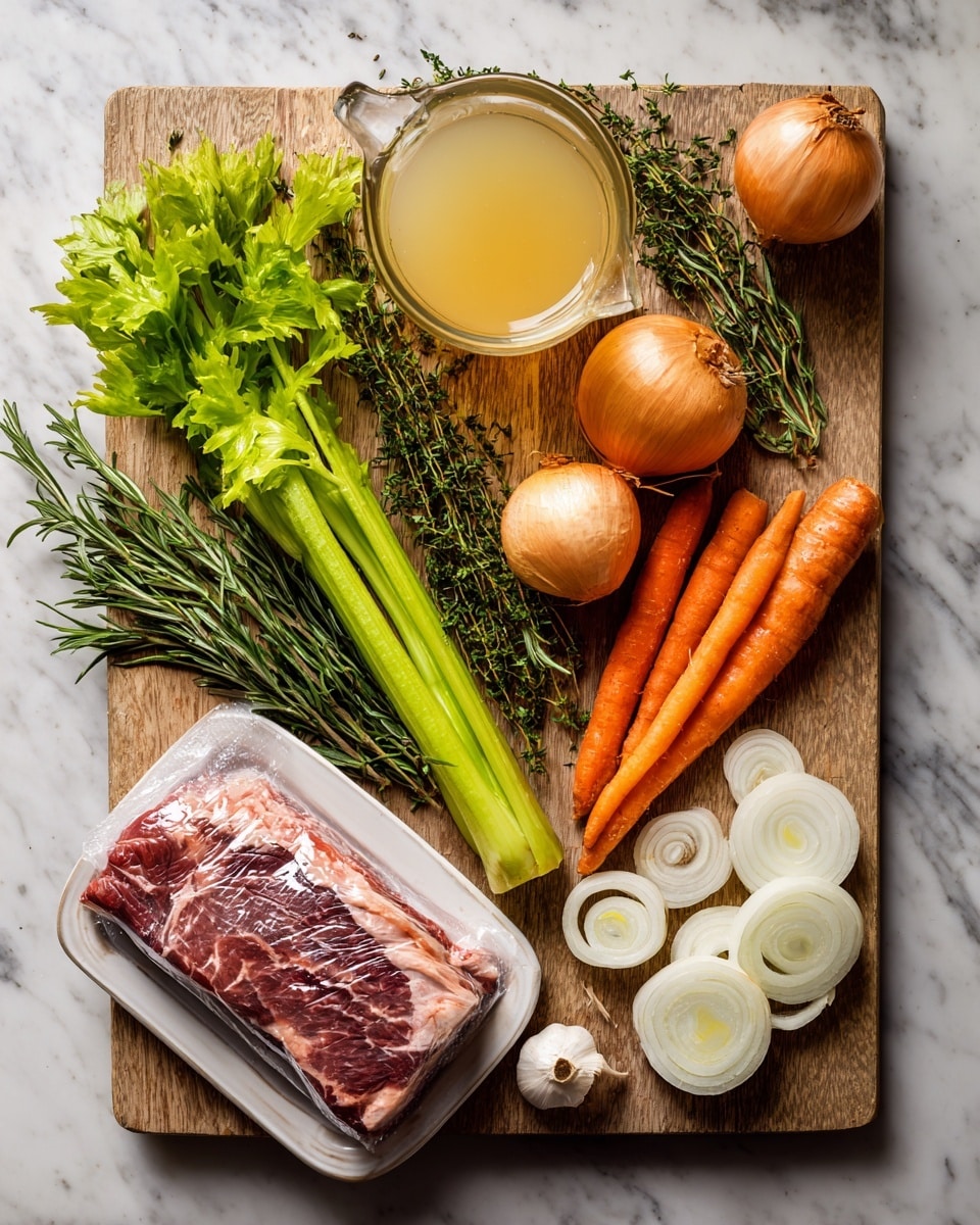 The image shows a wooden cutting board on a white marbled surface with fresh ingredients arranged on it. There are three bright orange carrots lying diagonally, green celery stalks with leaves at the top, two whole light brown onions, a glass measuring cup filled with light yellow broth placed near the top left, sprigs of fresh rosemary and thyme resting on the carrots and celery, a whole garlic bulb near the onions, and thin slices and rings of white onion spread near the lower right. At the bottom left, a white tray holds a slab of raw, marbled dark red meat sealed in plastic. Photo taken with an iphone --ar 4:5 --v 7