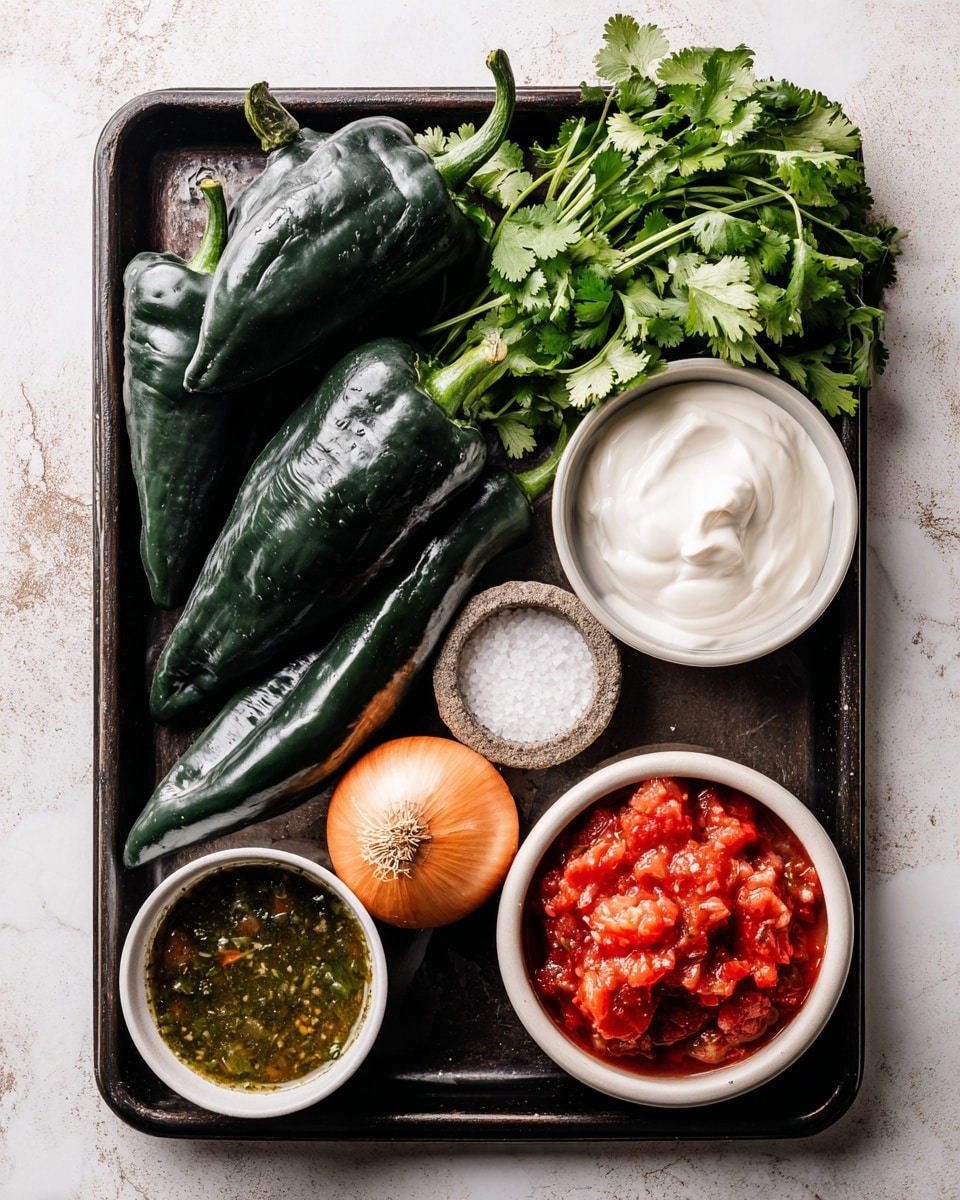 The image shows a black tray on a white marbled surface holding fresh ingredients: three large dark green peppers with shiny skin, a bunch of green cilantro leaves with thin stems behind the peppers, a small white bowl filled with smooth white cream placed at the top right, a whole brown onion with smooth skin beside the cream, a small white garlic bulb next to the onion, a small round stone bowl of coarse white salt in the middle, a white bowl of chunky red tomato pieces in juice at the bottom right, and a small white cup filled with green chili salsa at the bottom left. photo taken with an iphone --ar 4:5 --v 7