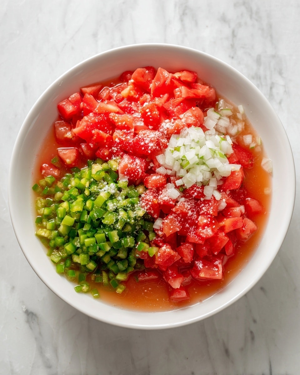 A white bowl filled with three separate piles of ingredients in a liquid base. On the left is a large pile of bright red diced tomatoes, in the middle a smaller mound of finely chopped green peppers, and on the right a small amount of finely chopped white onions. The liquid surrounding the ingredients is a light red, tomato-colored broth. Small amounts of white granules, possibly salt, are sprinkled over the top of the tomatoes and green peppers. The bowl is placed on a white marbled surface. Photo taken with an iphone --ar 4:5 --v 7