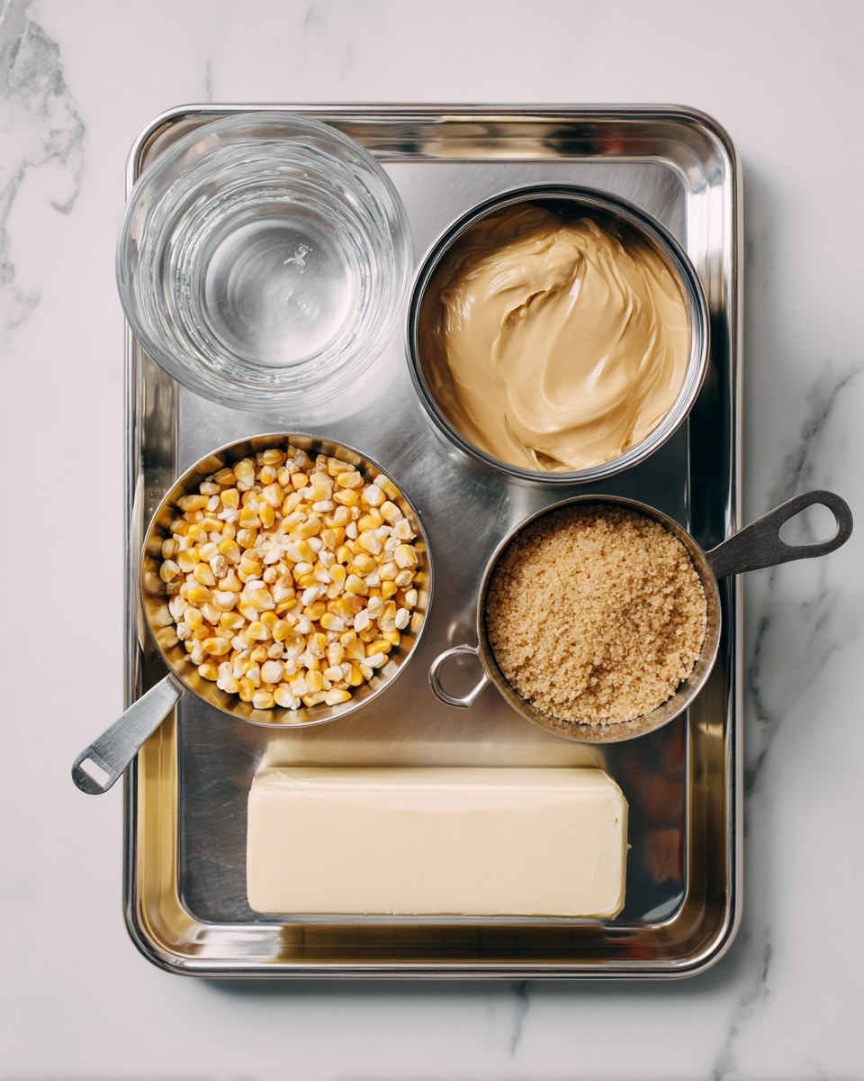 A metallic tray on a white marbled surface holds four measuring cups and a stick of butter. The top left measuring cup is glass and filled with a clear liquid. To its right, an open metal can reveals thick, light brown condensed milk inside. Below the glass cup is a metal 1/2 cup filled with yellow popcorn kernels. Next to it, a 1-cup metal measuring cup contains light brown sugar with a crumbly texture. At the bottom of the tray lays an unwrapped stick of butter resting diagonally. photo taken with an iphone --ar 4:5 --v 7