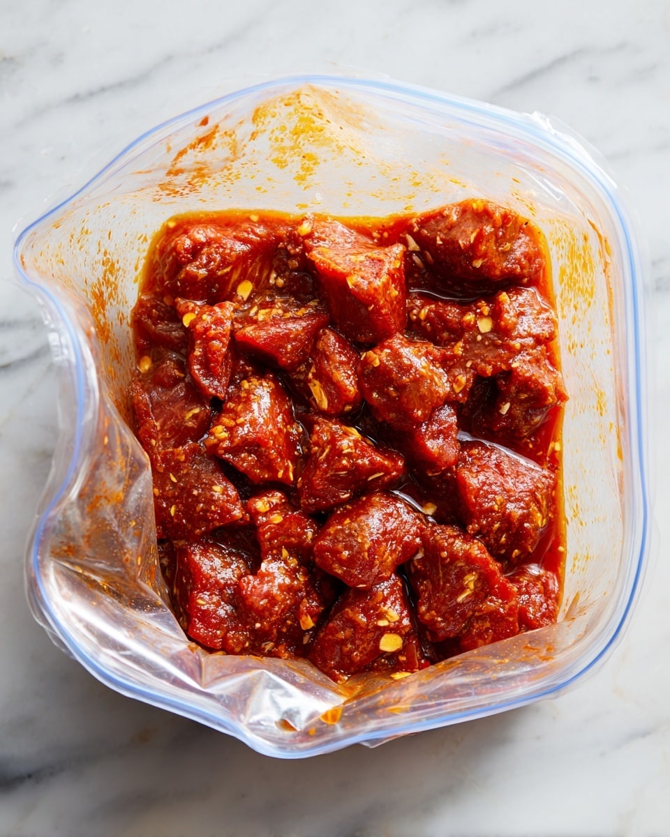 A clear plastic ziplock bag lies open on a white marbled surface, filled with chunks of raw meat coated in a thick, reddish-brown marinade that has a slightly grainy texture. The meat pieces, irregular in shape and size, are closely packed inside the bag, with the marinade visibly clinging to each piece and spreading onto the inner sides of the bag. The marinade has a glossy finish with small bits of what looks like minced garlic or spices scattered throughout. The bag is partially folded back, exposing the vibrant, richly colored marinated meat inside. photo taken with an iphone --ar 4:5 --v 7