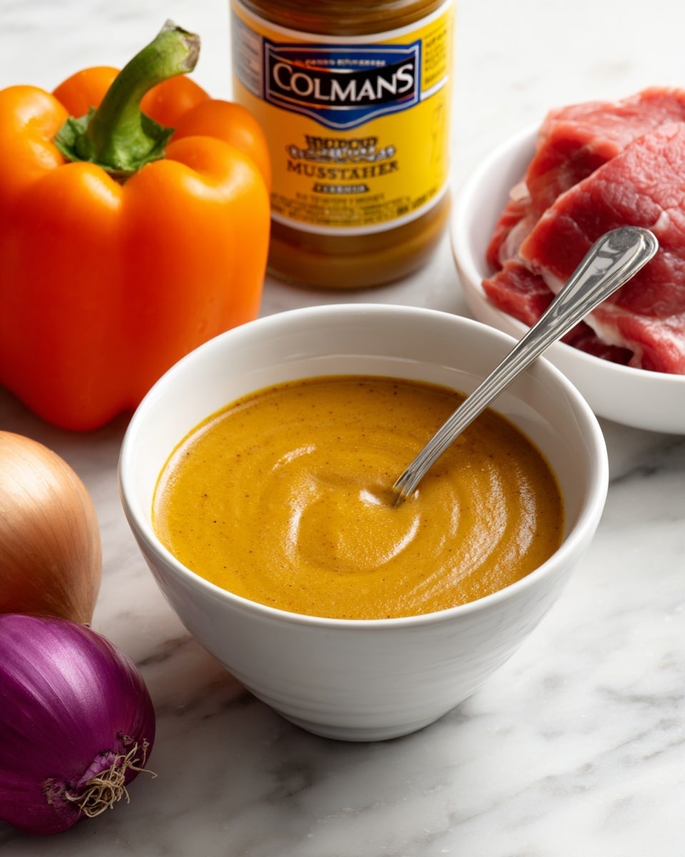 A white bowl filled with a thick, smooth mustard sauce of golden brown color sits at the center, with a silver spoon inside it. Around the bowl are fresh ingredients: an orange bell pepper with a green stem on the top left, parts of a red onion at the bottom left, a bright yellow mustard jar labeled