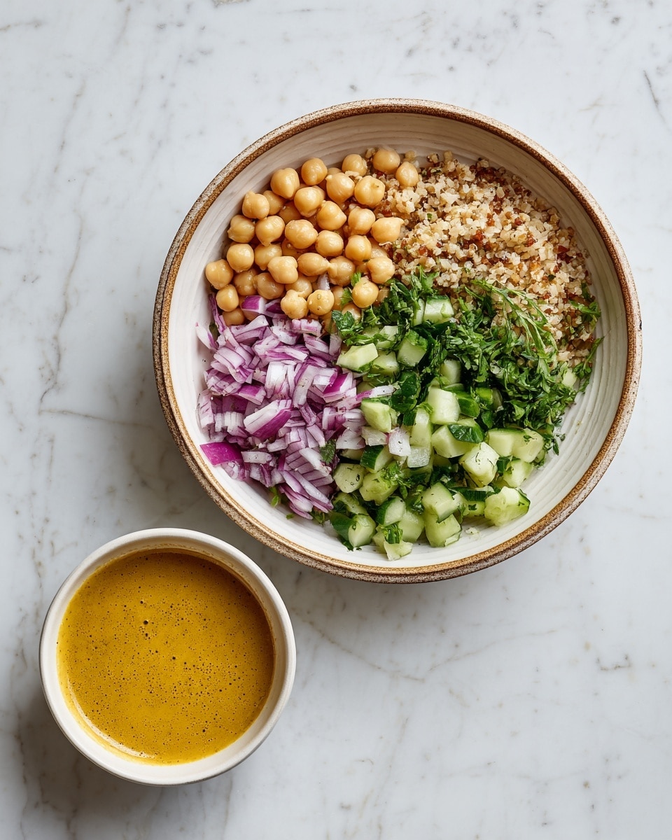 A white bowl filled with seven separate sections of ingredients arranged in a circle over a base layer of cooked grain. The top center layer is round chickpeas, surrounded clockwise by a pile of green chopped cucumber, finely chopped light purple onion, dark green chopped herbs, white crumbled cheese, crushed nuts with green pistachio pieces, and finely chopped kale or parsley. The bowl is on a white marbled surface with a lemon half, a small white dish of mustard, a glass bottle of oil with a cork, a small bowl of salt, and a small pepper grinder around it. Photo taken with an iphone --ar 4:5 --v 7