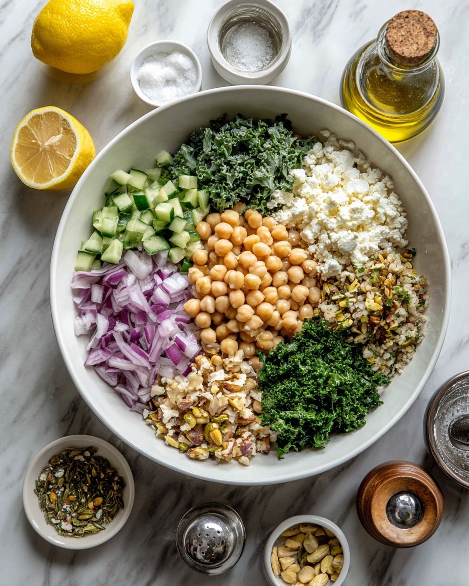 The image shows two dishes on a white marbled surface. The main bowl, which is off-white with a rustic brown rim, contains a layered salad arranged neatly in sections. Starting from the left, there are beige chickpeas, chopped green herbs, finely diced purple onions, and chopped bright green cucumbers, all laid over a base of light brown grains. Below it, a small white bowl is filled with a smooth mustard-yellow sauce or dressing with a slightly textured surface. The photo is taken with an iphone --ar 4:5 --v 7