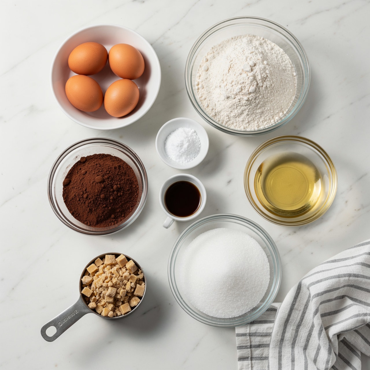 The image shows eight separate containers of baking ingredients placed on a white marbled surface. At the top left, there is a white bowl holding four brown eggs. To the right of the eggs, a large clear glass bowl is filled with white flour. Below the eggs is a clear glass bowl filled with dark brown cocoa powder. Next to it on the right side is a small white cup with dark brown vanilla extract inside. Above the vanilla, a small white bowl holds white baking powder. To the right of the baking powder is a clear glass bowl filled with a clear liquid, likely oil. Below the oil is a clear glass bowl filled with white granulated sugar. At the bottom left, a metal measuring cup contains light brown chopped bits, possibly nuts or candy pieces. There is a crumpled striped cloth napkin on the bottom right corner. Photo taken with an iphone --ar 4:5 --v 7
