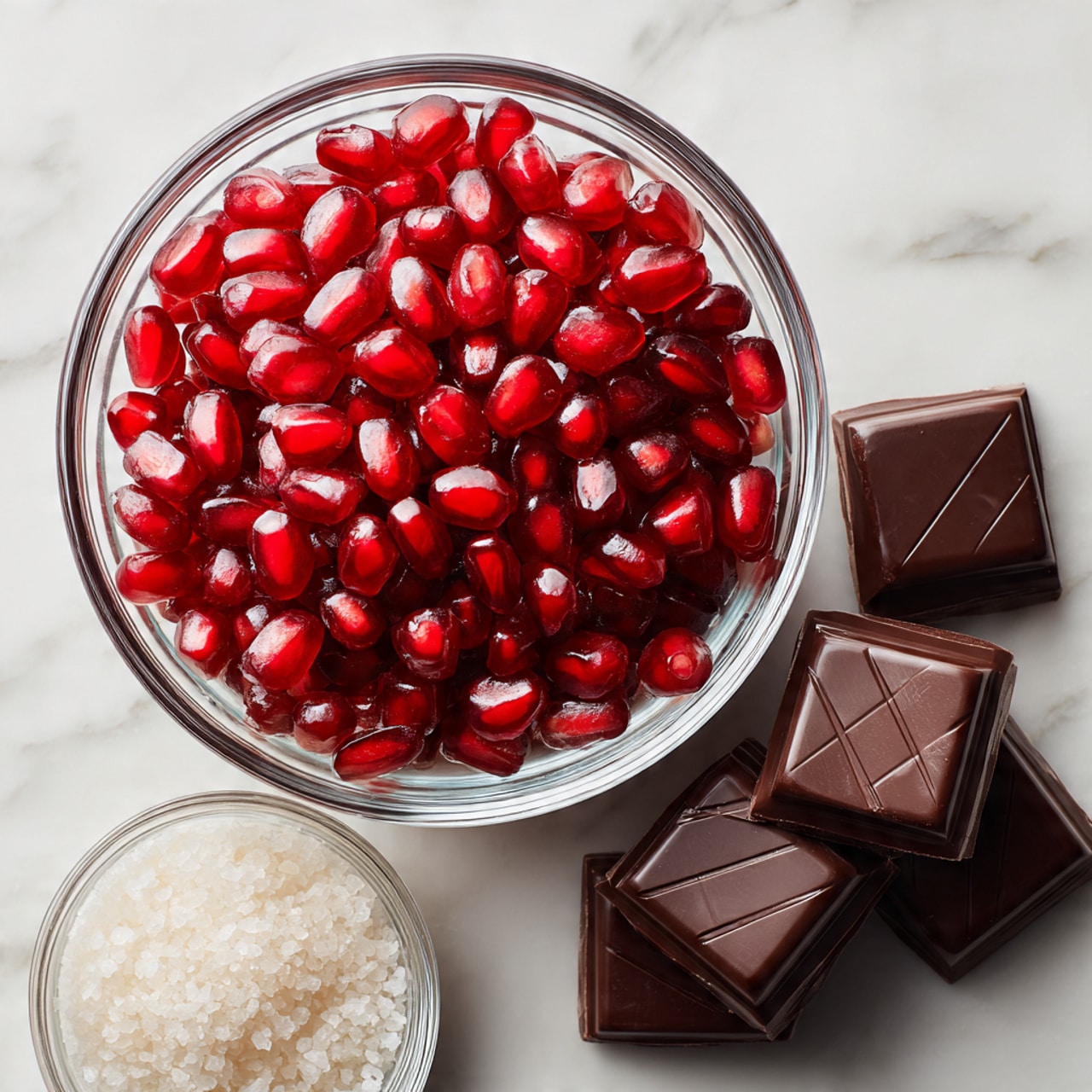 A clear glass bowl filled with bright red pomegranate seeds sits on a white marbled surface. To the right, there is a small pile of dark brown chocolate squares with a smooth, slightly shiny texture and faint diagonal lines on top. Below the bowl and chocolate, a smaller clear glass bowl contains coarse white salt. The arrangement shows a clean, simple layout with the bowls and chocolate pieces spaced apart. photo taken with an iphone --ar 4:5 --v 7