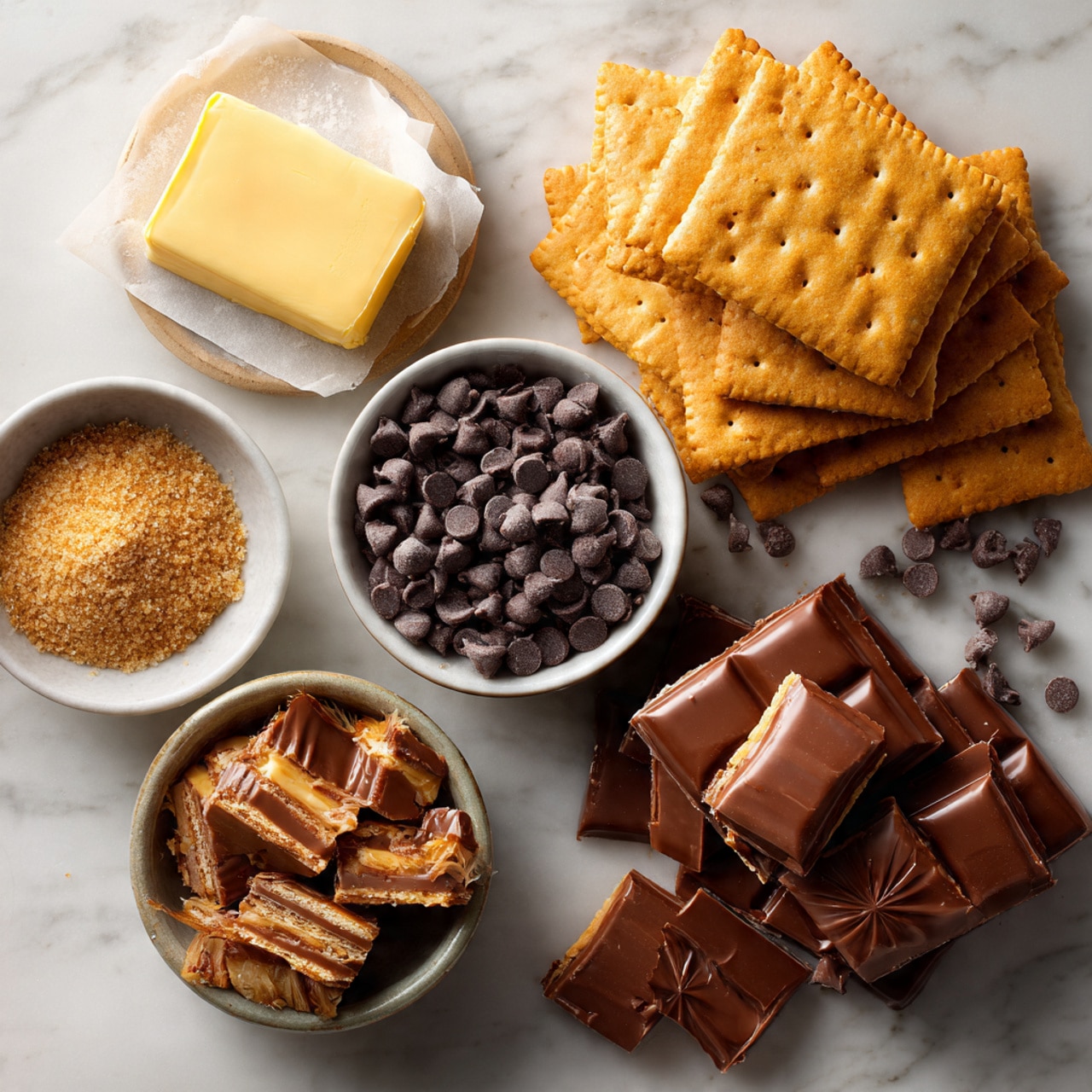 The image shows a large rectangular baking tray lined with white parchment paper, filled with a single layer of hexagonal crackers with slightly scalloped edges. The crackers are arranged close together, covering the bottom of the tray, with some edges visible around the sides. A thick, shiny layer of caramel sauce covers most of the crackers, spreading unevenly but fully coating them. The tray is set on a white marbled surface with a red and white striped cloth partially visible to the side. photo taken with an iphone --ar 4:5 --v 7