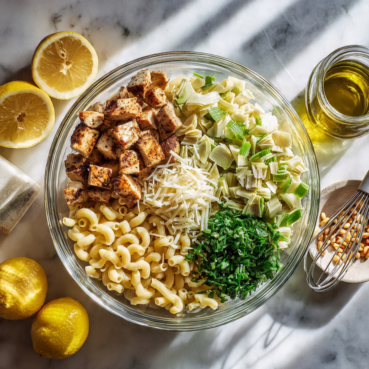 A clear glass bowl shows a layered pasta salad on a white marbled surface. The bottom layer is elbow macaroni, pale yellow in color and smooth in texture. On top of the pasta are five distinct sections: golden toasted pine nuts in the bottom right, light green chopped artichoke hearts in the middle right, small dark green chopped herbs in the middle left, white shredded cheese below the herbs, and browned cubed grilled chicken pieces with a crispy texture in the top left. Around the bowl are halves of lemons and a small container of oil with a whisk. Photo taken with an iphone --ar 4:5 --v 7