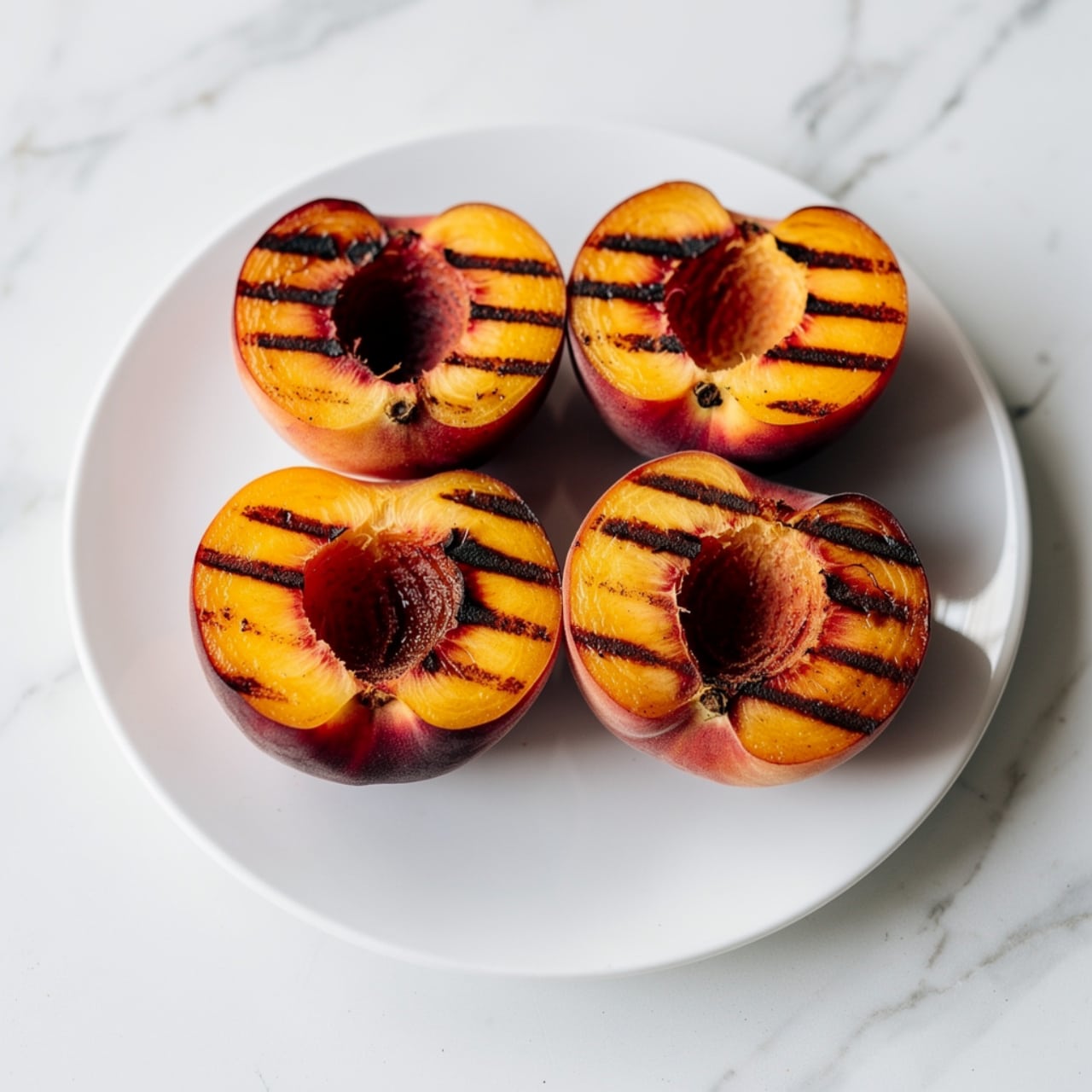 A white plate holds four peach halves, each with dark brown grill marks crossing the yellow-orange flesh in thick stripes. The center where the pits were removed is a deep reddish brown. The peach skin around the edges is a reddish-purple color, contrasting with the warm grilled fruit inside. The plate sits on a white marbled surface, giving the image a clean, fresh look. photo taken with an iphone --ar 4:5 --v 7