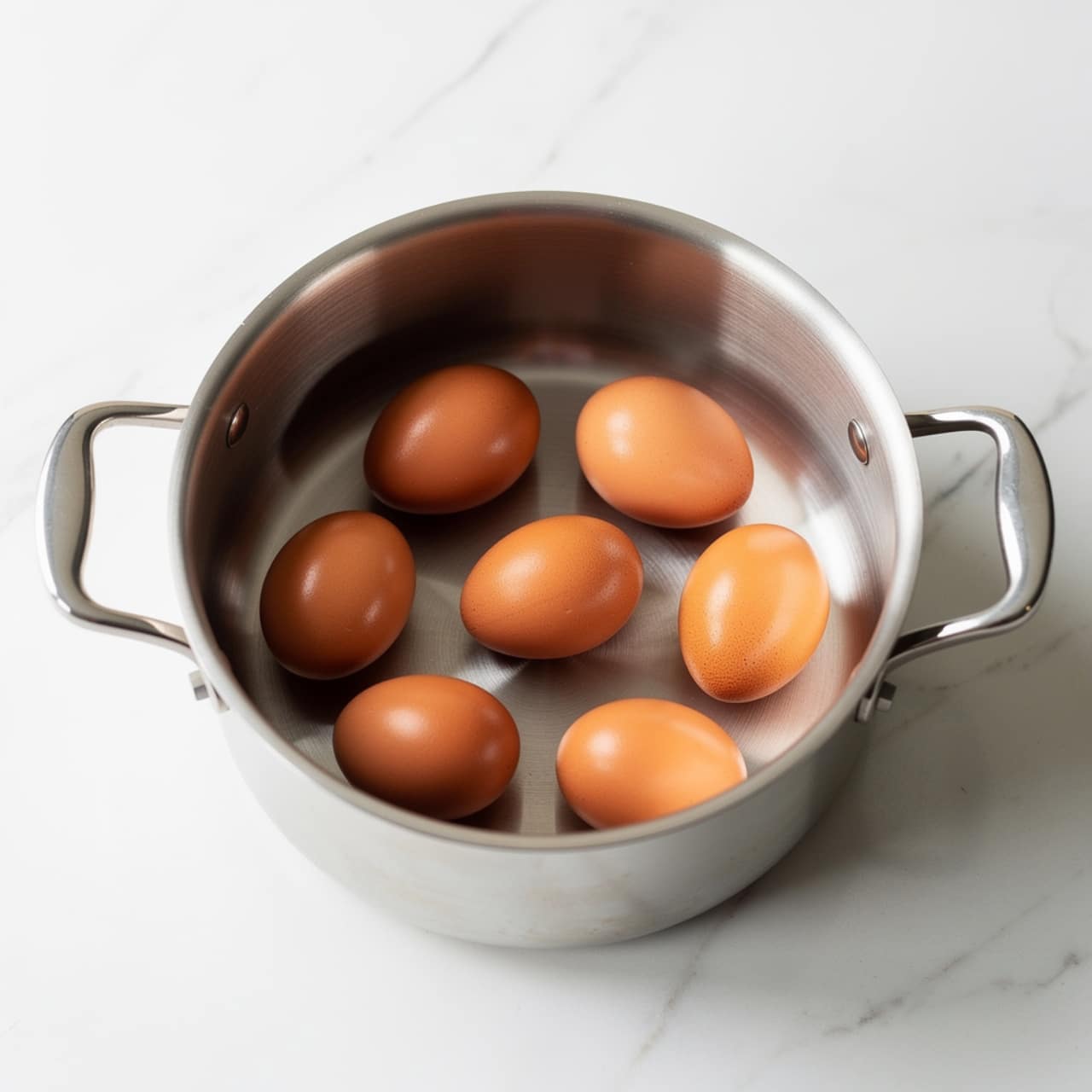 A round silver metal pot with two handles is placed on a white marbled surface. Inside the pot, there are nine brown eggs scattered evenly. The eggs have smooth, slightly shiny shells and lay directly on the inner metal surface of the pot, which has a soft brushed texture. The overall setting is bright with soft natural light making the pot and eggs clearly visible. photo taken with an iphone --ar 4:5 --v 7