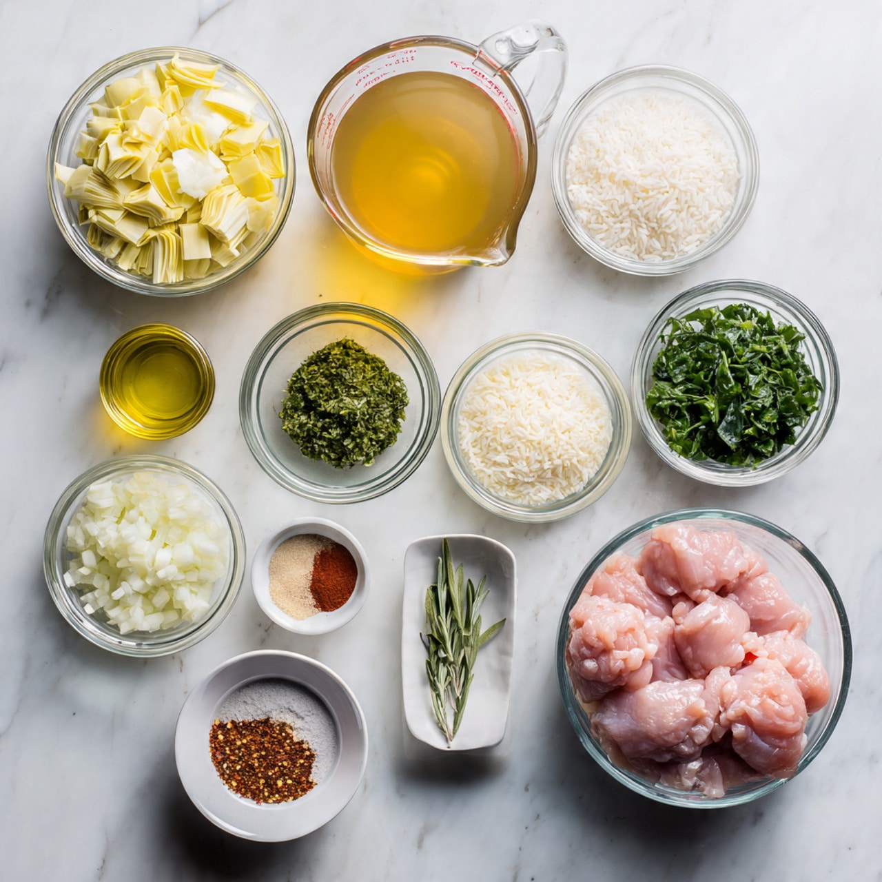 A top view of a cooking preparation scene on a white marbled surface with multiple clear glass bowls arranged in a circle. In one bowl, light yellow chopped artichokes are visible, while another bowl contains finely chopped white onions. A third bowl is filled with bright green torn spinach leaves, contrasting with the white bowl of white rice grains next to it. A small white bowl holds chopped green herbs, and another contains minced garlic. A separate small white bowl has a mix of colorful spices—red, brown, white, and green. There is a glass measuring cup filled with light brown broth and a small glass jar of olive oil beside a tiny bowl of lemon juice. In the corner, raw pink pieces of chicken thighs are placed in a clear plastic tray. The photo taken with an iphone --ar 4:5 --v 7